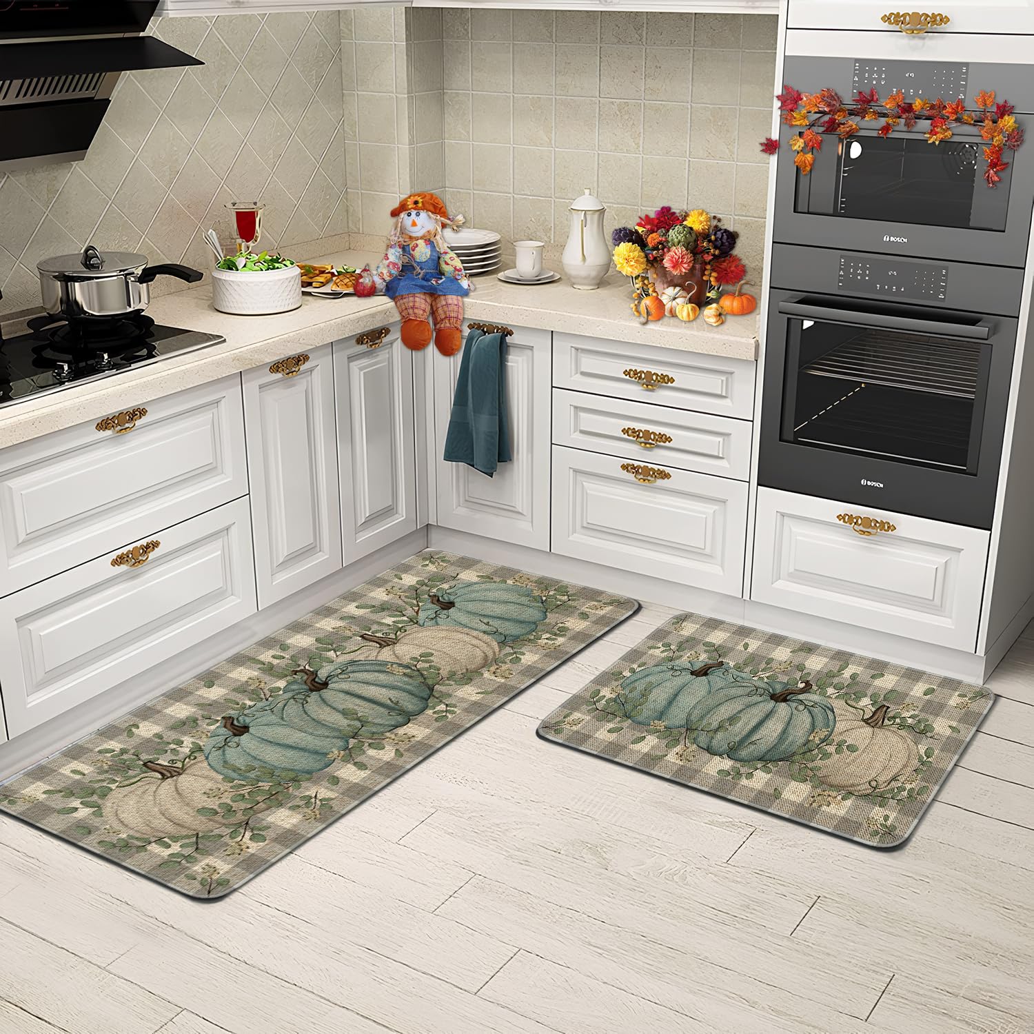 HSOWKDN Fall Kitchen Mats Set of 2,Fall Kitchen Decor Pumpkin Mat for Floor Thanksgiving Rugs Decorations, Non Slip Washable Rug