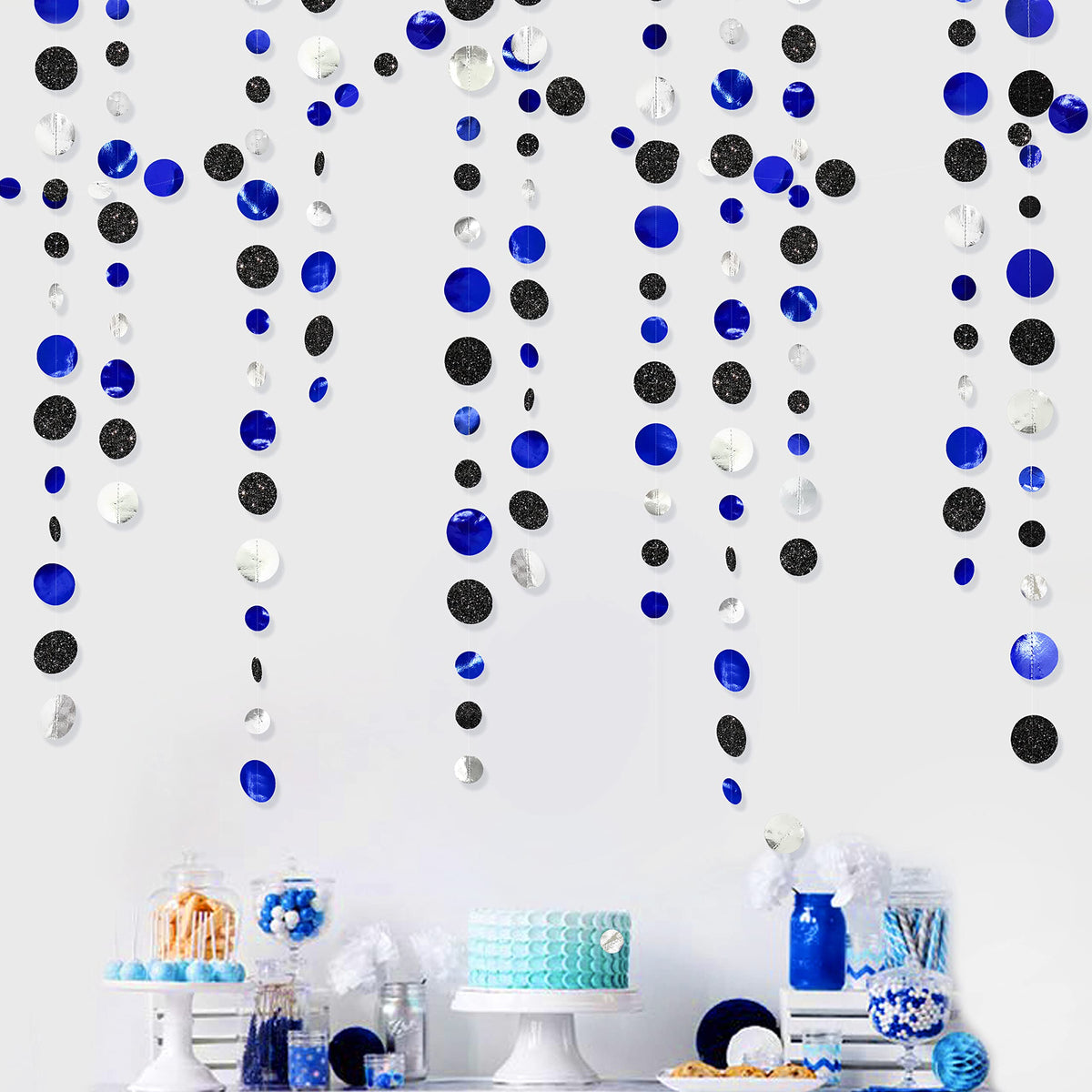 46Ft Navy Blue Black Silver Circle Dots Garland Royal Blue Black Polka Dots Streamer For Birthday Graduations Wedding Bridal Bab