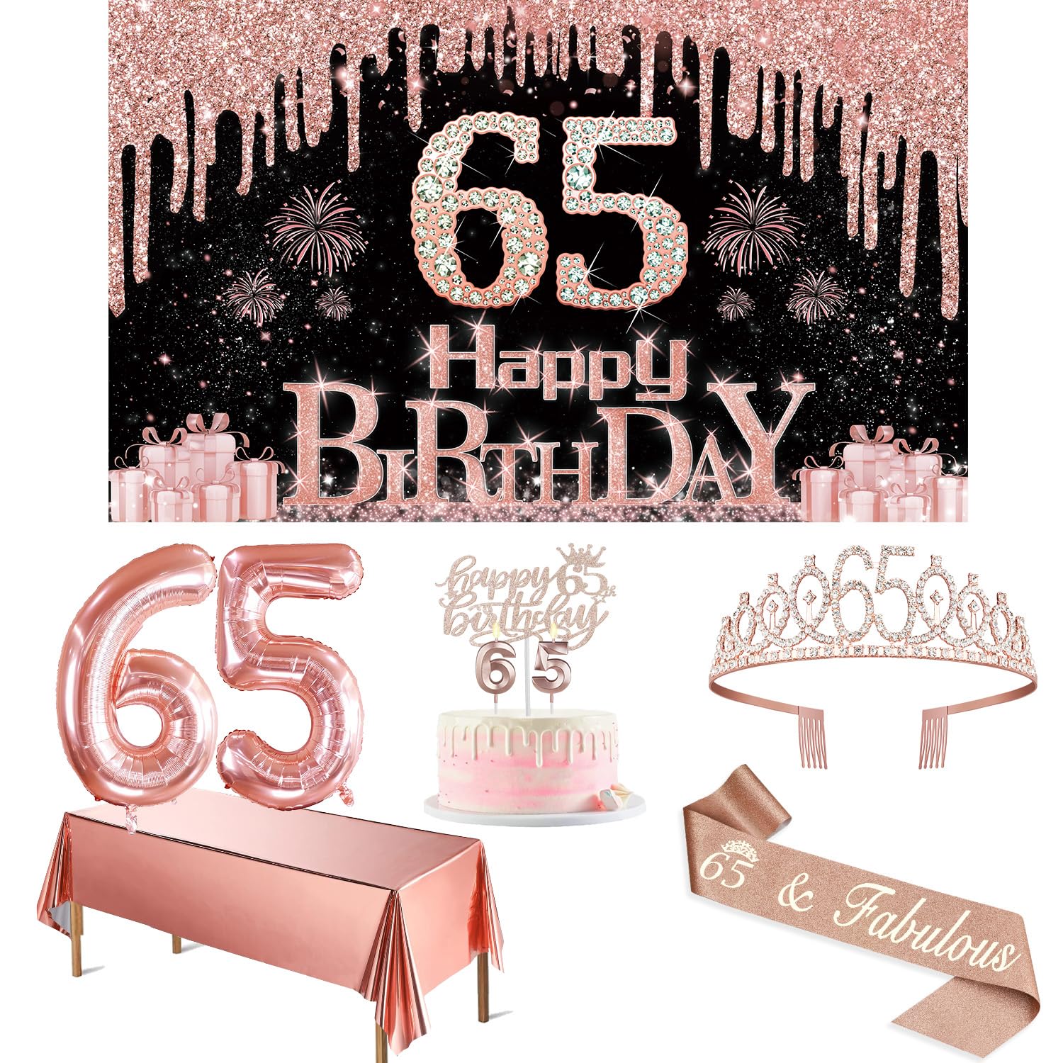 65Th Birthday Decorations For Women With Banner, Rose Gold Tablecloth, Number Balloons, 65Th Birthday Sash And Tiara, Cake Toppe