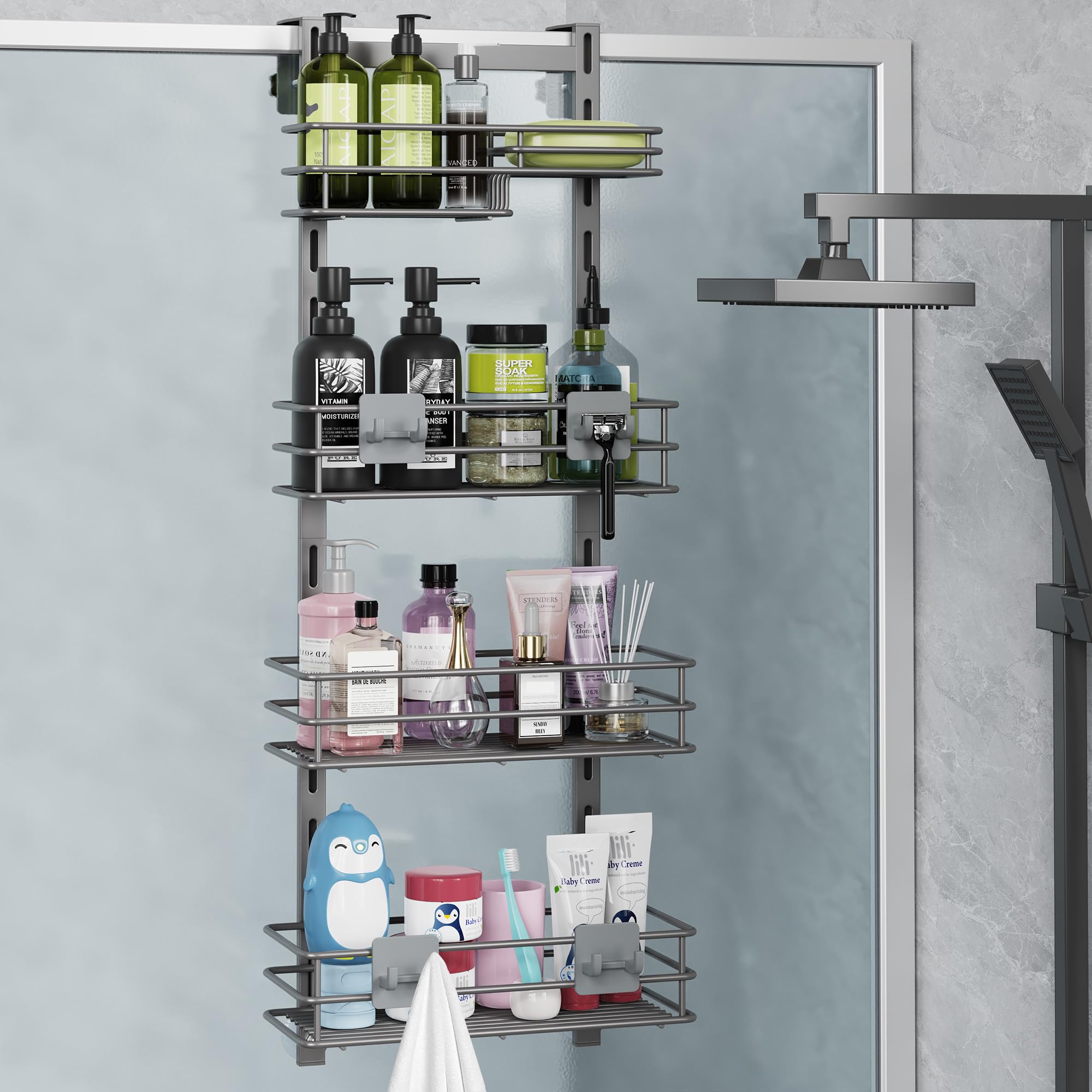 Orimade Over The Door Shower Caddy Adjustable 4 Tier Dark Grey,Bathroom Hanging Organizer Shelf Rustproof with 4 Hooks,Shower Ba