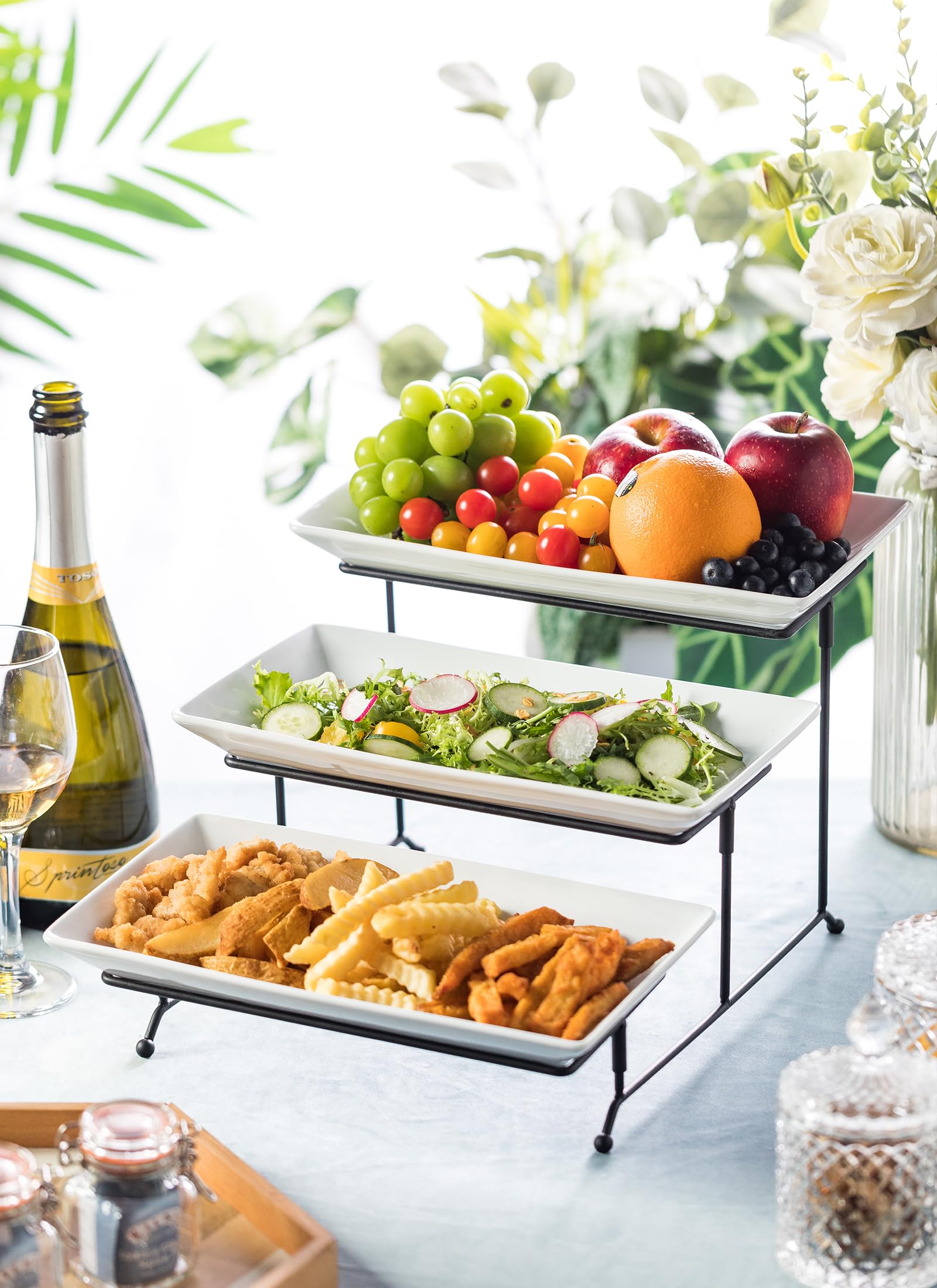 Lyeoboh Tiered Serving Stand And Platters Set, Large Tiered Tray Stand, 3 Tier Serving Tray With Collapsible Sturdier Rack, 12 I