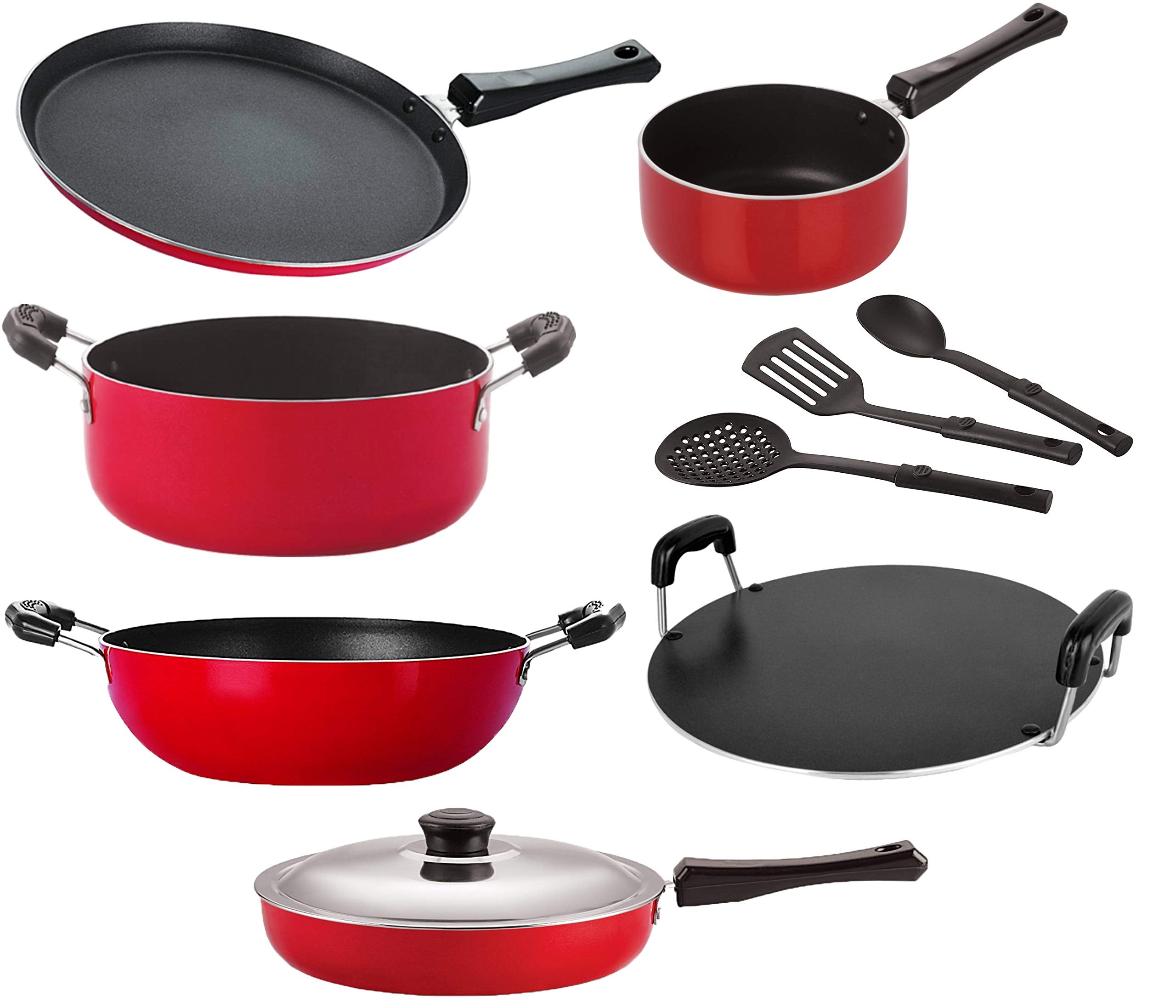 Nirlon Non Stick Coating Aluminium Heat Resistance Cookware Gift Set Of 9 Pieces With Bakelite Handle { 26_Ft13_Kd14_Spb_Rt_Cass
