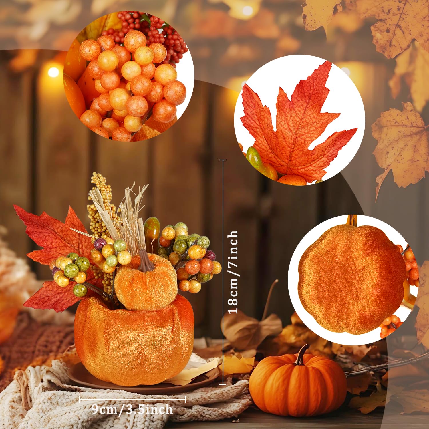 Artmag Set of 6 Artificial Pumpkins Decorations, Decorative Fabric Orange Pumpkin with Maple Berry Acorn Pine Cone Vegetables fo