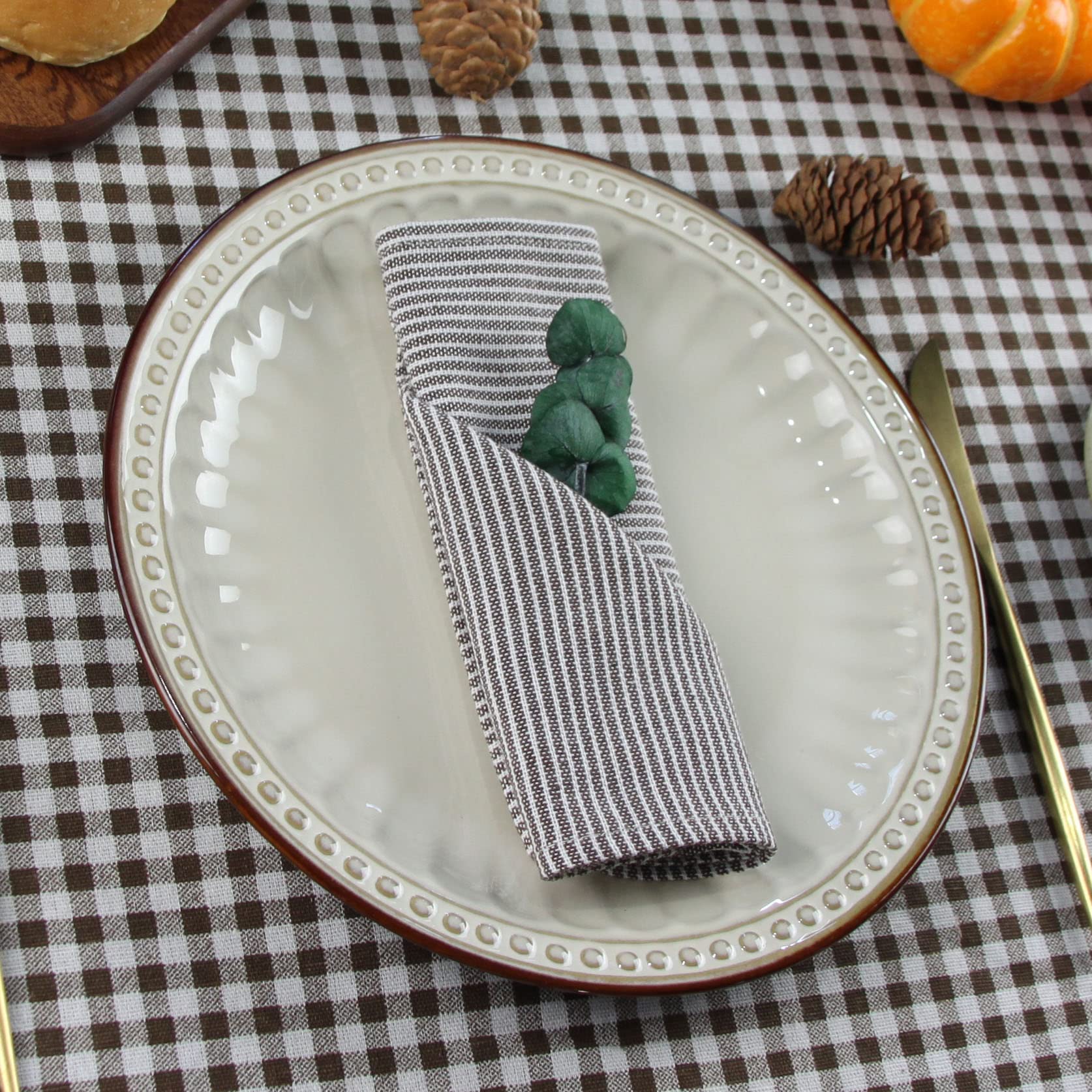 Infei Narrow Striped Cotton Linen Blended Dinner Cloth Napkins - Set Of 12 (40 X 40 Cm) - For Events & Home Use (Brown)