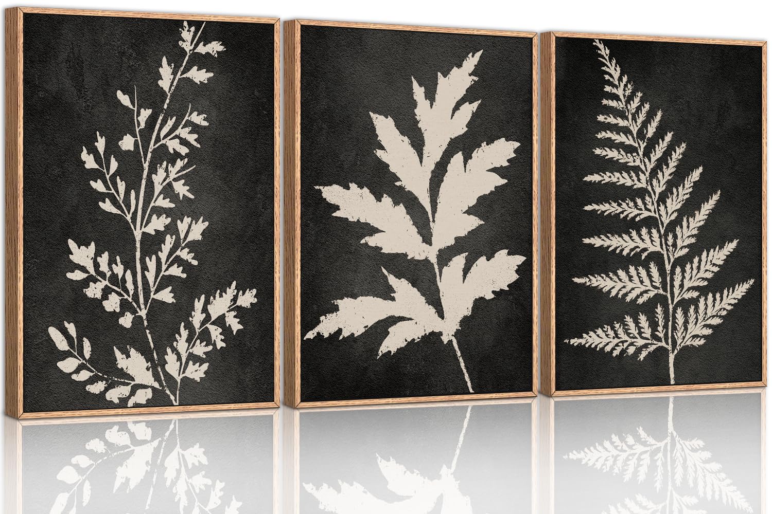 Ausril Black Tan Fern Leaf Framed Canvas Wall Art Set, Minimalist Botanical Wall Decor, Nature Fern Plant Silhouette Wall Painti