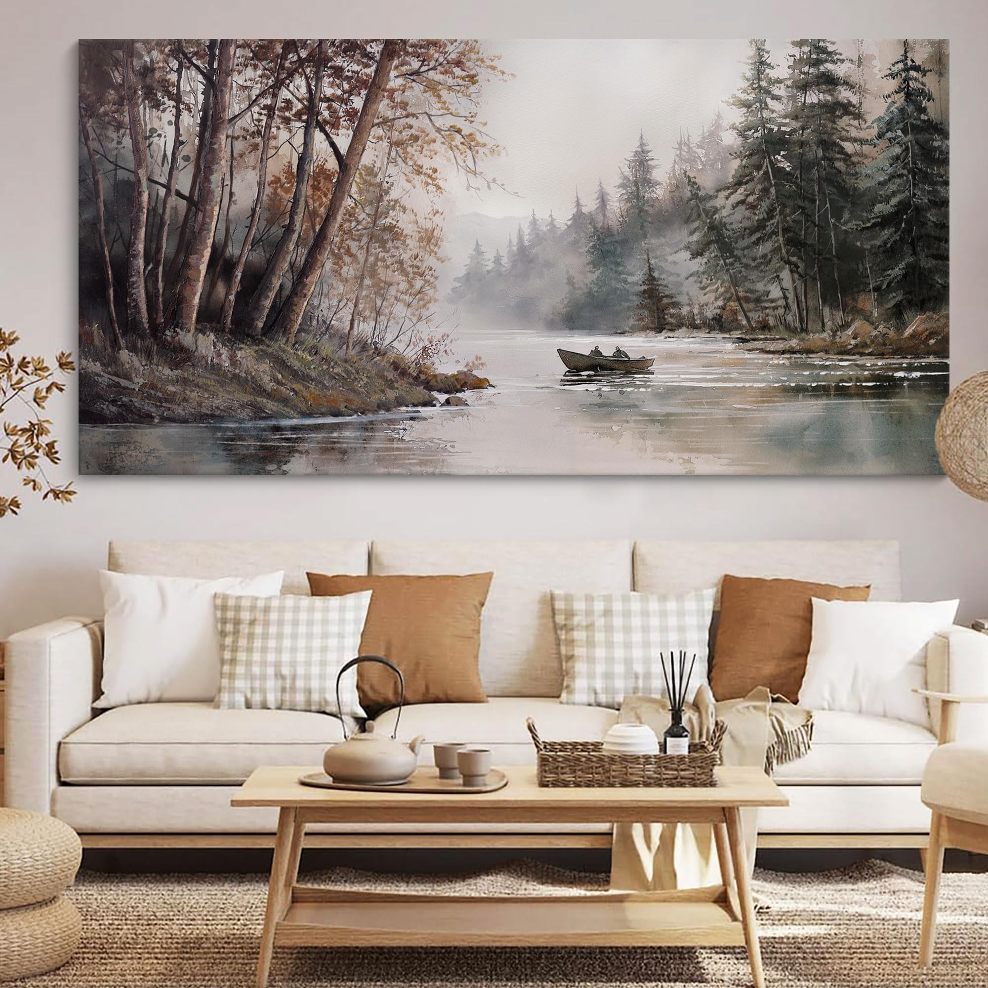 Hguaoa Mountain Canvas Wall Art Rustic Lake Landscape - Nature & Forest Scenery Paintings Pictures For Living Room & Bedroom Wal