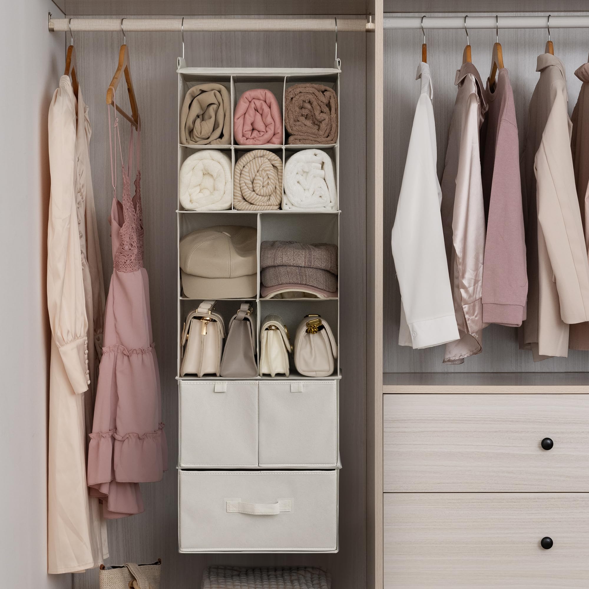 Granny Says Hanging Closet Organizer With Drawers, 6 Shelf Dividers Closet Hanging Organizer, Foldable Hanging Shelves For Close