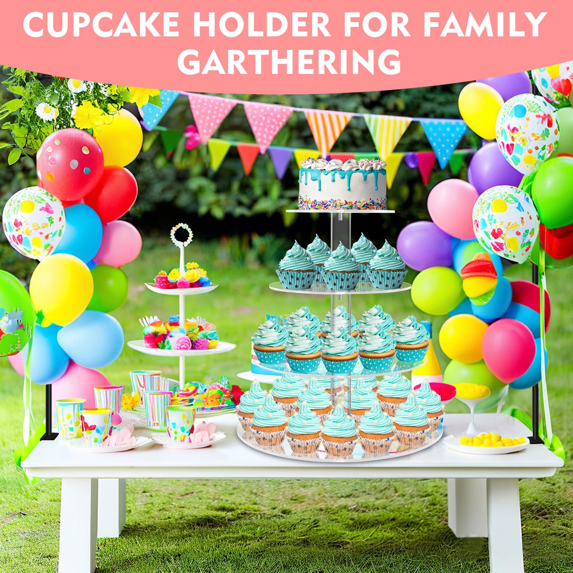 Yestbuy 4 Tier Round Acrylic Cupcake Stand With Base, Premium Cupcake Holder, Acrylic Cupcake Tower Display Cady Bar Party D  Co