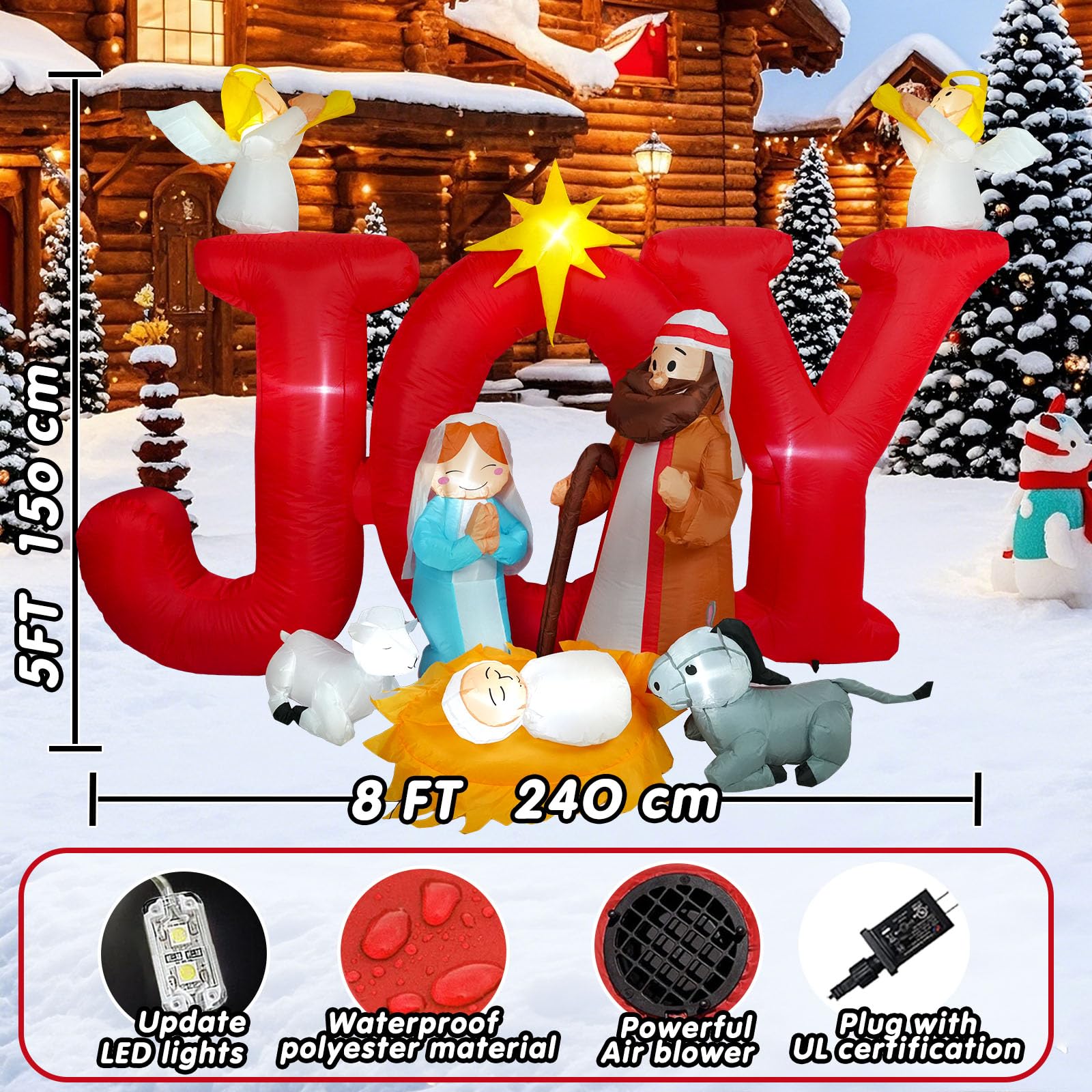 8 FT Christmas Inflatables Nativity Scene Outdoor Decoration for Yard, Christian Christmas Decorations Nativity Set Outdoor, Joy