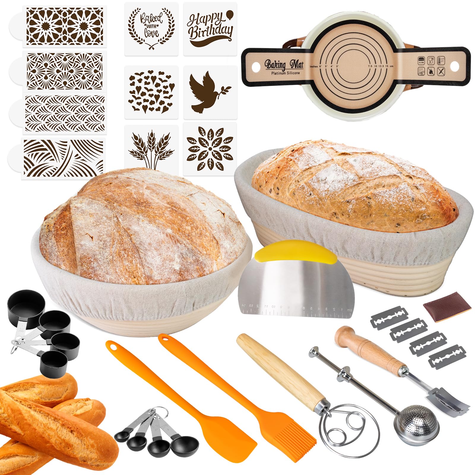 Banneton Bread Proofing Baskets, 9 Inch Round & 10 Inch Oval Sourdough Basket With Upgrade Complete Bread Baking Supplies, All-I