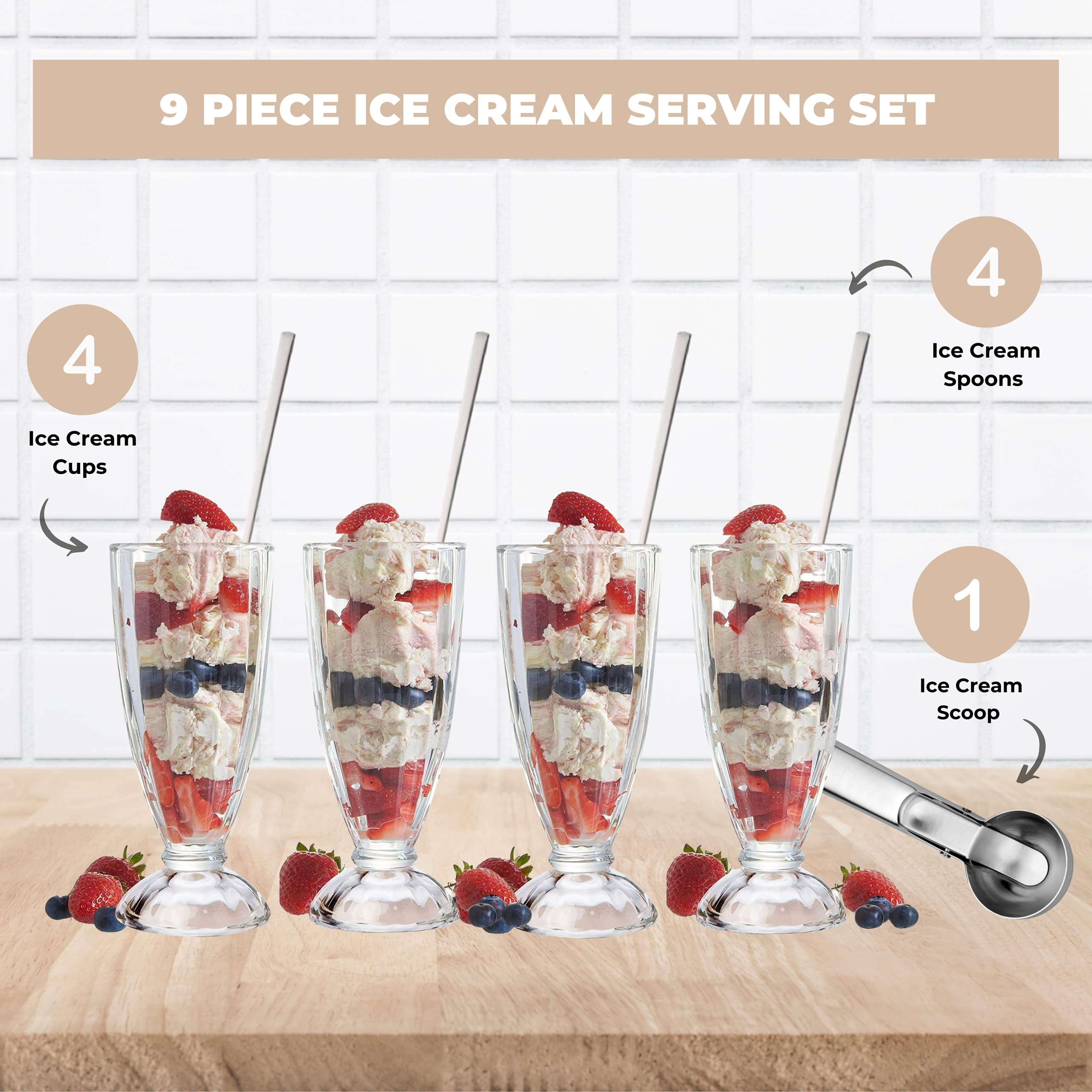 Le Regalo 9 Piece Ice Cream Serving Set - 4 Ice Cream Cups, 4 Ice Cream Spoons And 1 Scoop For Sundaes, Milkshakes, Ice Creams A