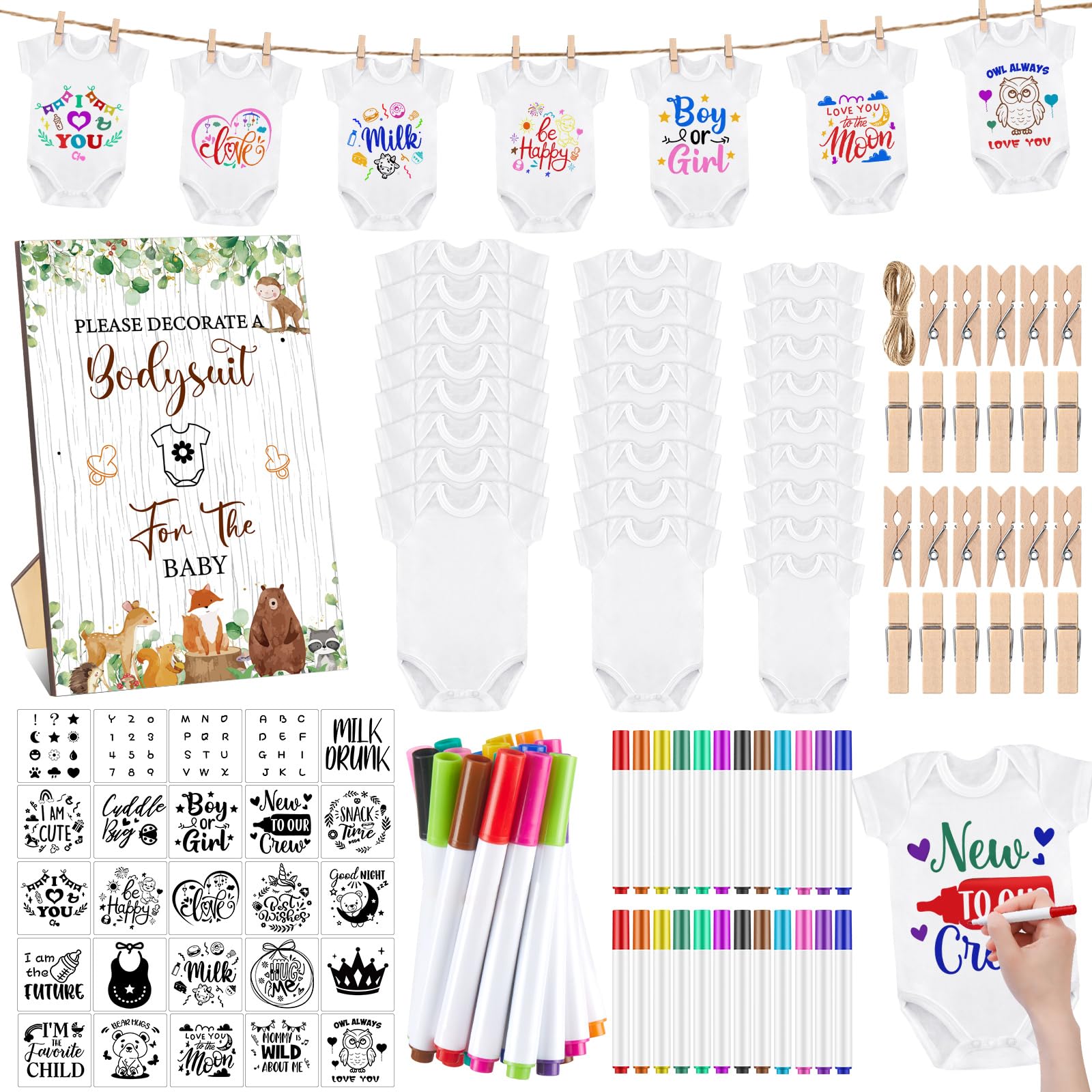 Panitay 126 Pcs Baby Shower DIY Bodysuit Set Bib 25 Blank White Newborn Bodysuit 25 Stencils 24 Marker 1 Sign 50 Pins(Woodland A