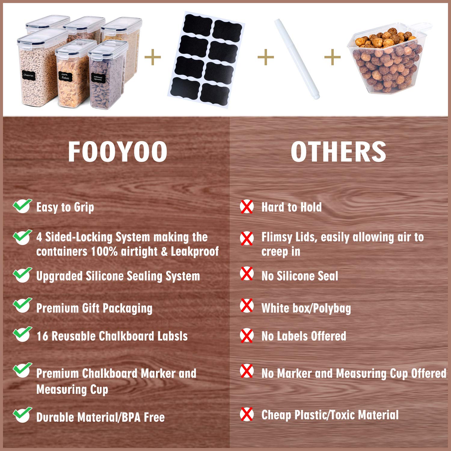 Fooyoo Cereal Containers Storage Set - 6 Piece Airtight Large Dry Cereal Storage Containers(135.2Oz), Bpa Free Dispenser Plastic