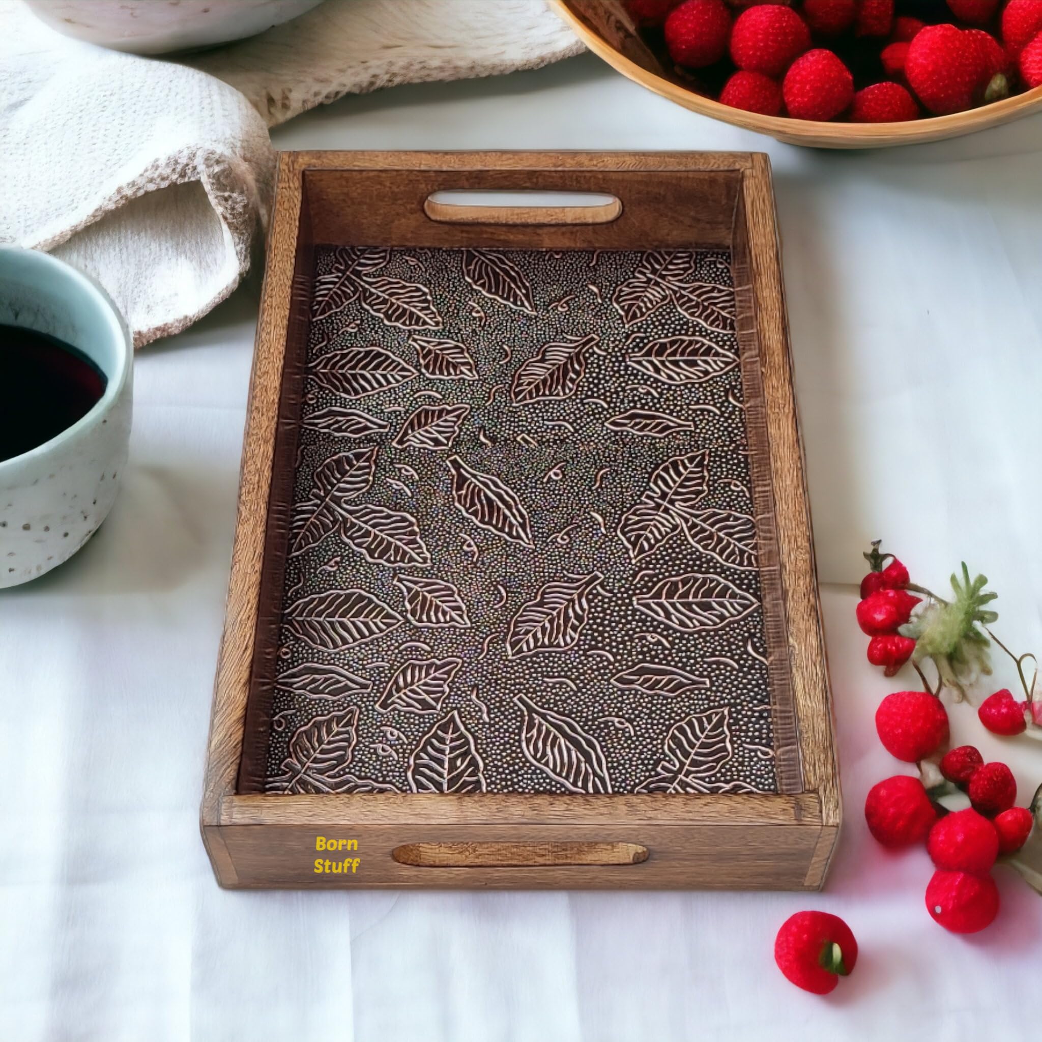Born Stuff Wood Serving Trays Set With Handles, Tray Antique Copper Fitted Trays For Serving Cakes, Pastries, Snacks, Breakfast,