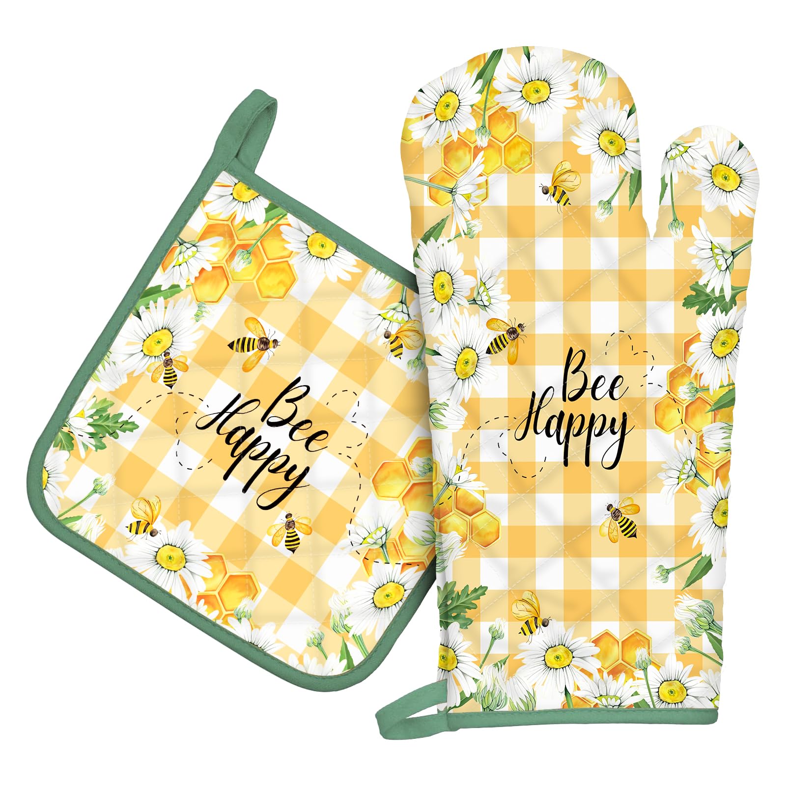 Arquiel Bee Daisy Oven Mitts And Pot Holders Sets 100% Cotton Heat Resistant, Extra Long Oven Gloves Potholder For Kitchen Cooki