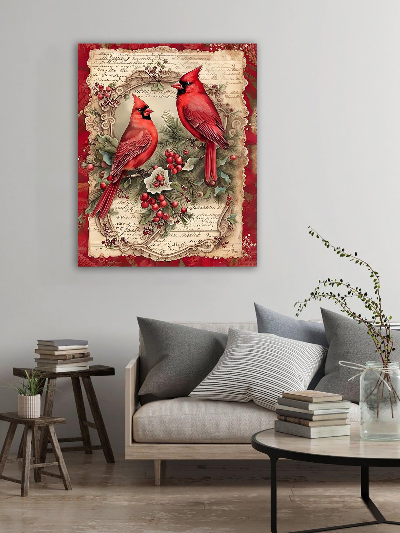 Merry Christmas Cardinal Canvas Wall Art Cardinal Duo Canvas Wall Decor Holly Farmhouse House Canvas Poster Decor Xmas Holiday D