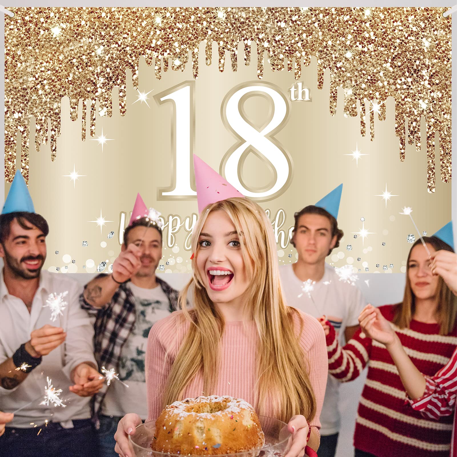 Happy 18Th Birthday Banner Backdrop Decorations For Girls, Gold White Sweet 18 Birthday Sign Party Supplies, Eighteen Year Old B