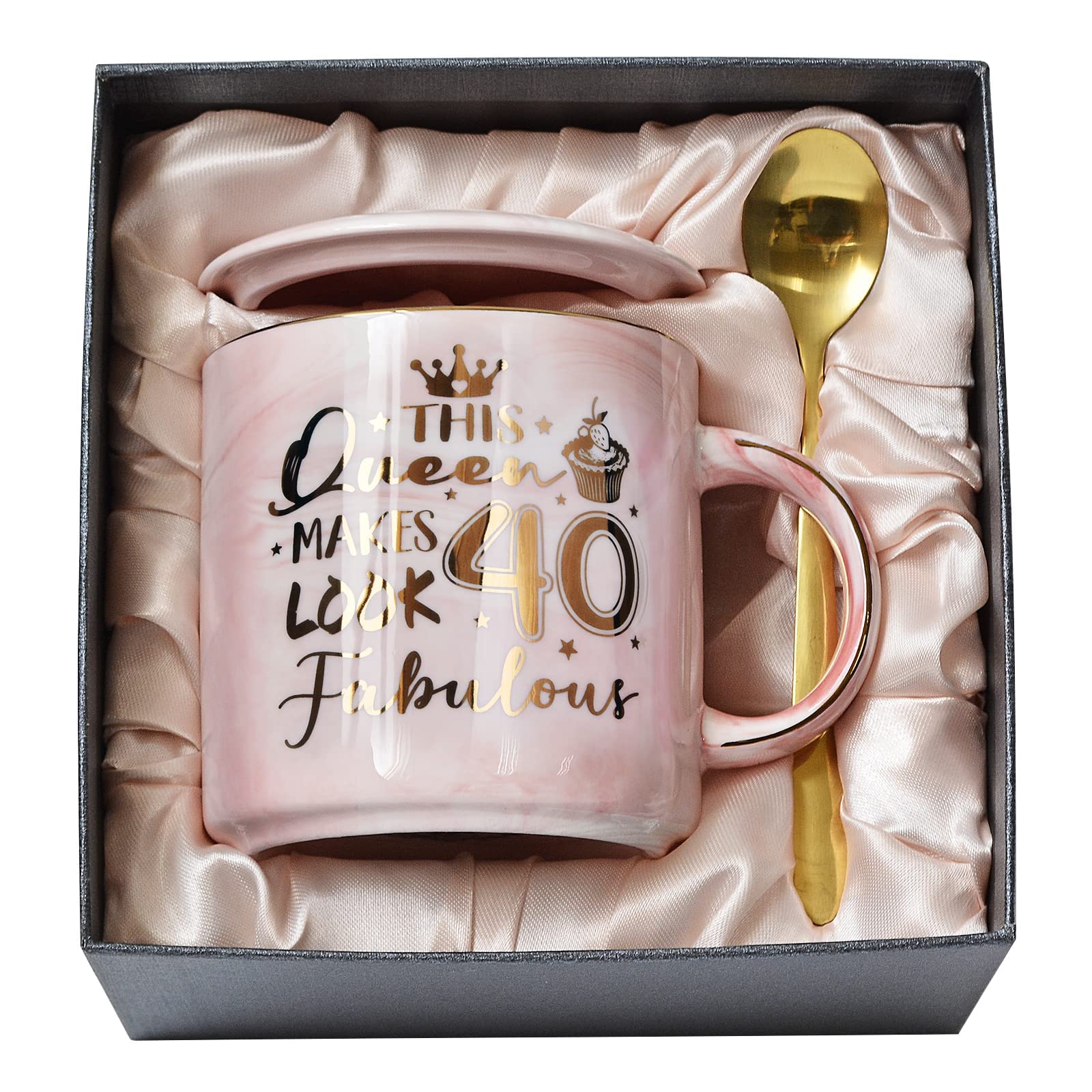 40Th Birthday Gifts Women - 14Oz Fabulous Pink Coffee Mug With Gold Pattern - Unique 40Th Birthday Gift Ideas For Mom Sister Aun
