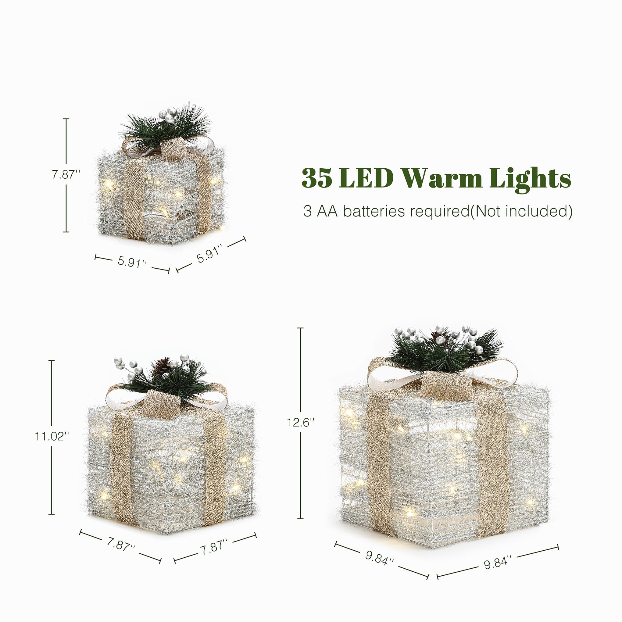 LuxenHome Set of 3 Lighted Gift Boxes, Battery Operated Silver Tinsel with Gold Ribbon Bow Boxes for Xmas, Lawn, Porch, Under Tr
