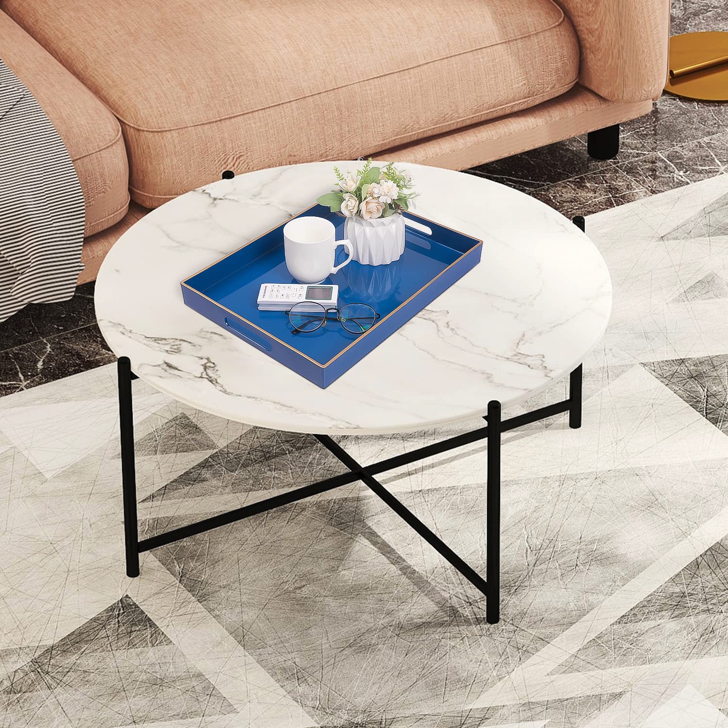 MAONAME Royal Blue Serving Tray with Handles  Rectangular Decorative Tray  Modern Coffee Table Tray  Plastic Ottoman Tray for Bathroom  Decor  15.7