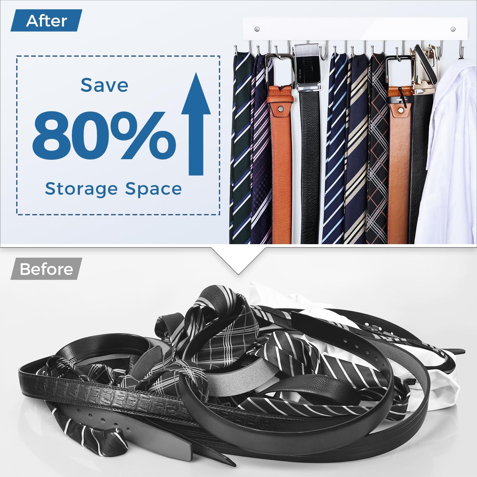 Belt Hanger Wall Mounted, Wooden Coat Rack Belt Organizer 2 Pack Max 24 Storage Capacity, 180 Rotating Space Saving Hangers For