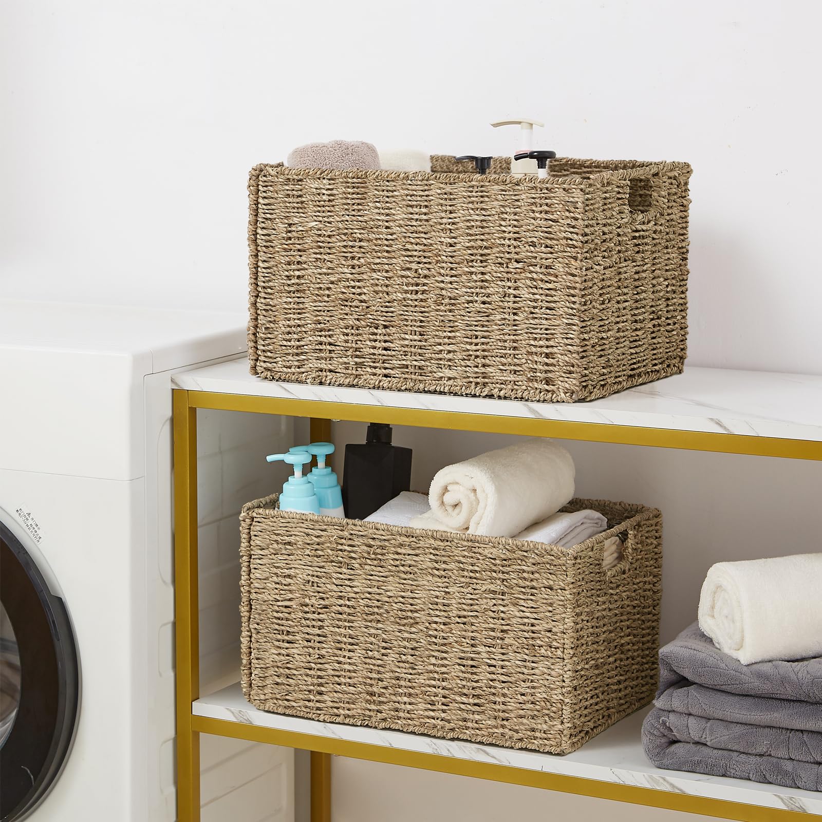 Vagusicc Jumbo Wicker Basket, Set Of 2 Woven Seagrass Storage Baskets For Organizing, Foldable Rectangular Storage Organizer Bas