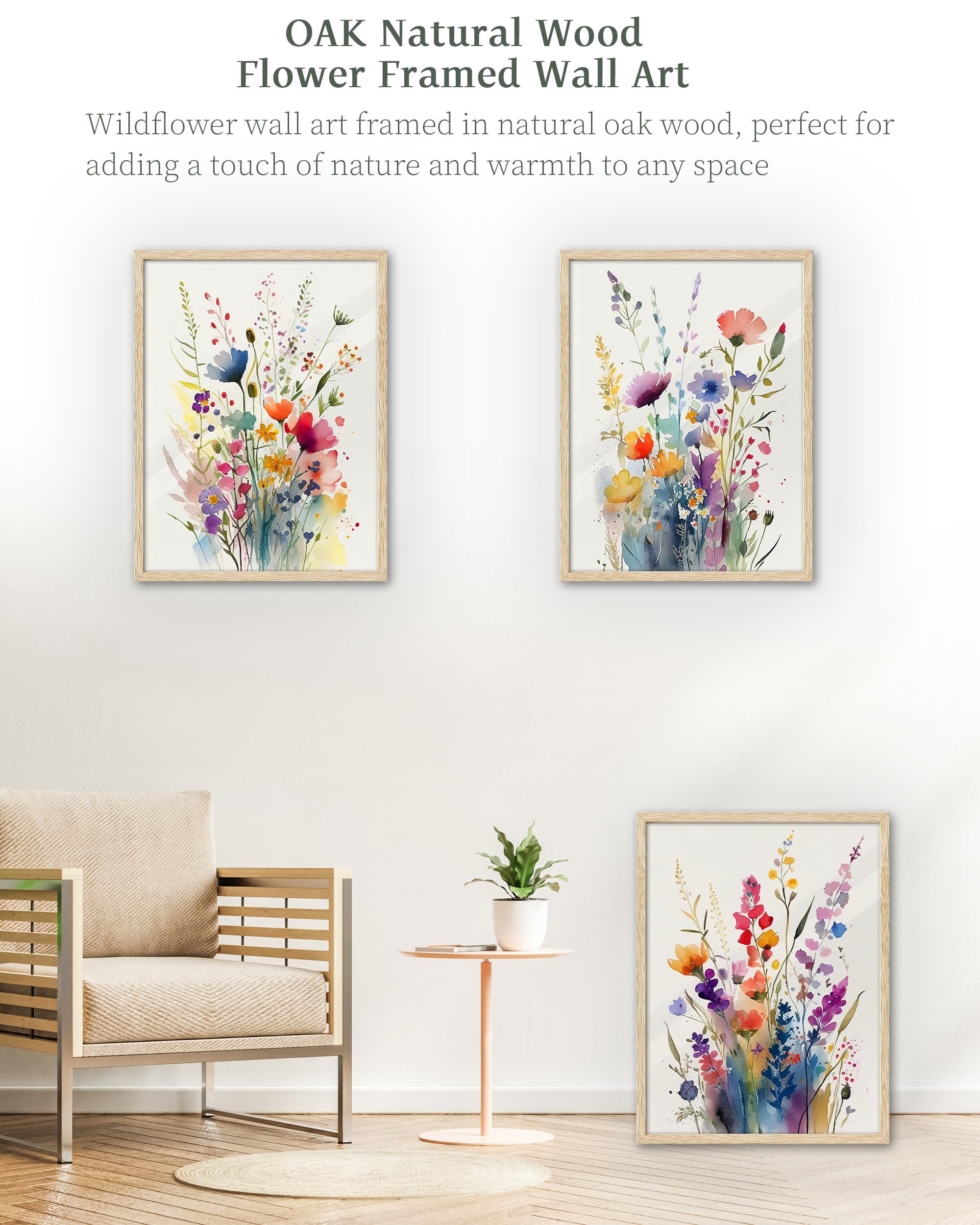 iHery Floral Wall Art Set of 3, 12x16 in Oak Wood Framed Canvas Prints, Colorful Wildflower Decor for Bedroom Living Room