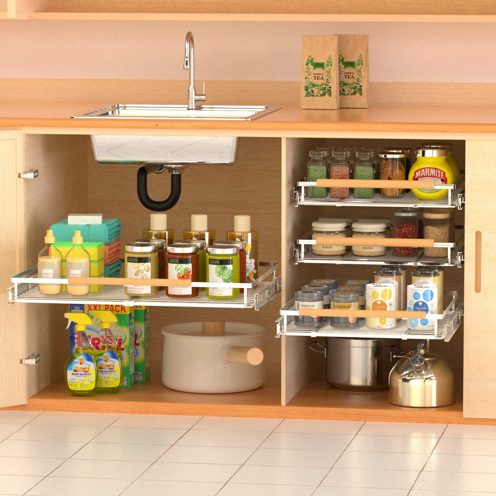 Sofron Pull Out Drawer Cabinet Organizers, Expandable Heavy Duty Slide Out Storage Shelf For Home Kitchen Pantry Cupboard, Adjus