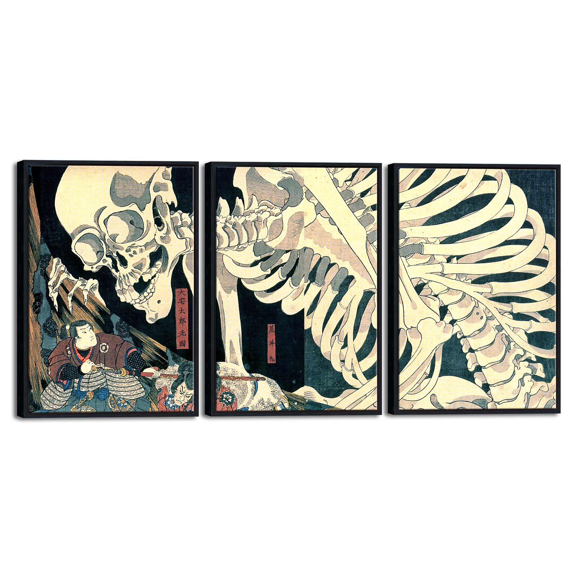 Wieco Art Black Framed 3 Piece Witch And Skeleton Ukiyo-E By Utagawa Takiyasha Historic Cultural Illustrations For Living Room B