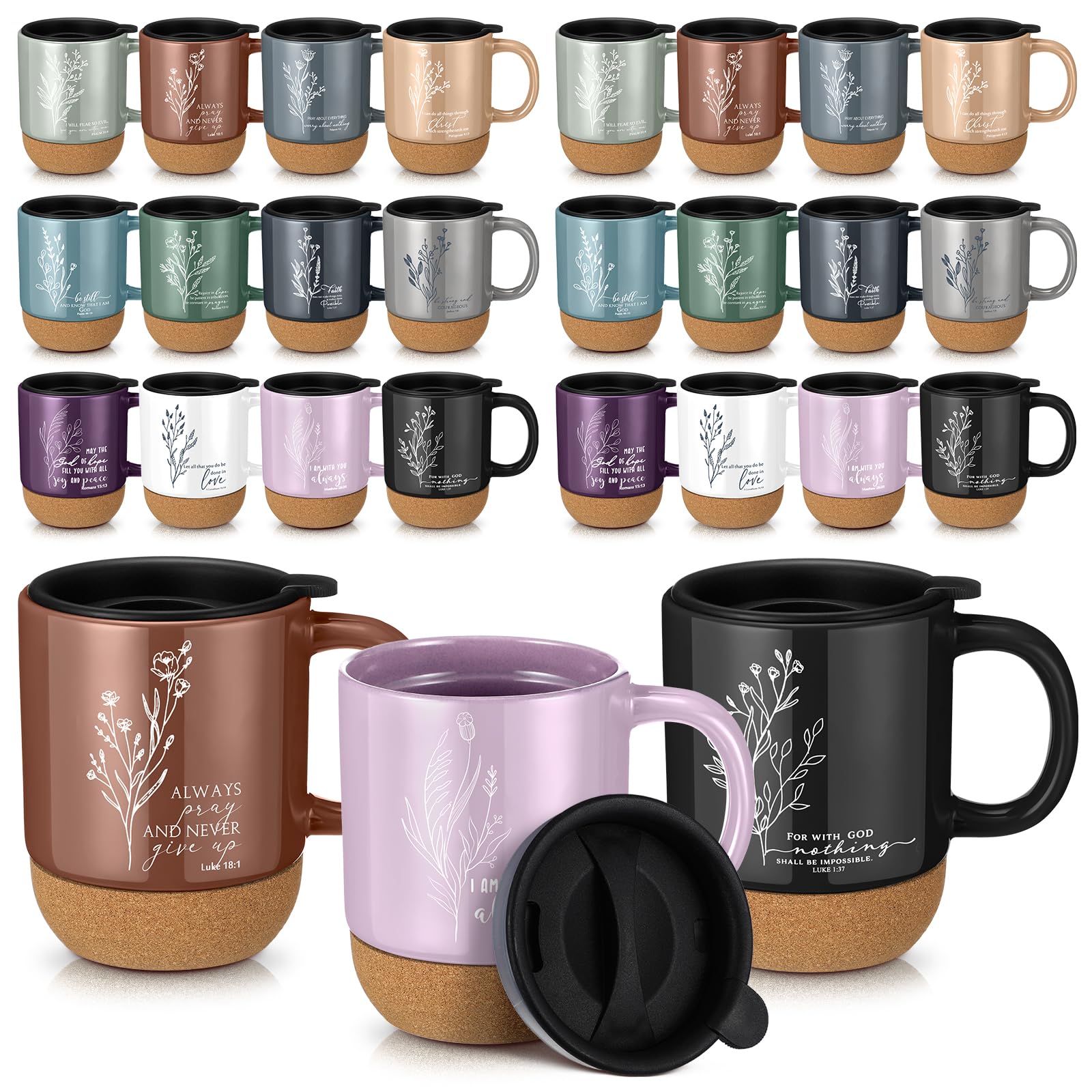 FillTouch 24 Pcs Christian Gift Coworker Coffee Mugs for 15 oz Bible Verse Cups Aesthetic Ceramic Coffee Mug with Lid Church App