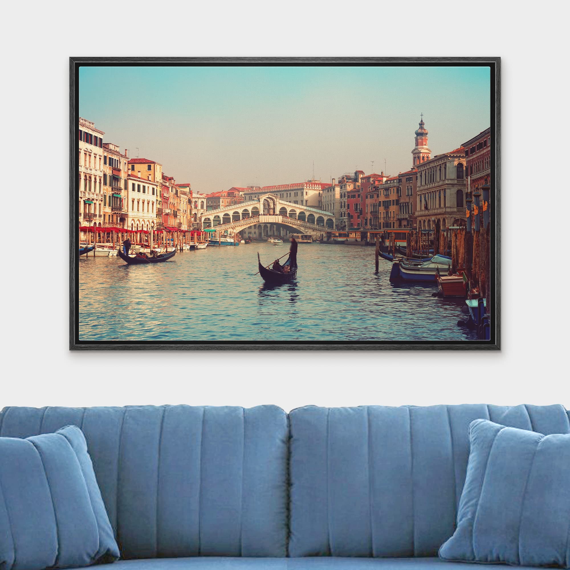 wall26 - Framed Canvas Prints Wall Art - Rialto Bridge and Gondolas in Venice.  Modern Wall Decor/Home Decoration Stretched Gallery Canvas Wrap Giclee Print. Ready to Hang - 16''x24'' Black