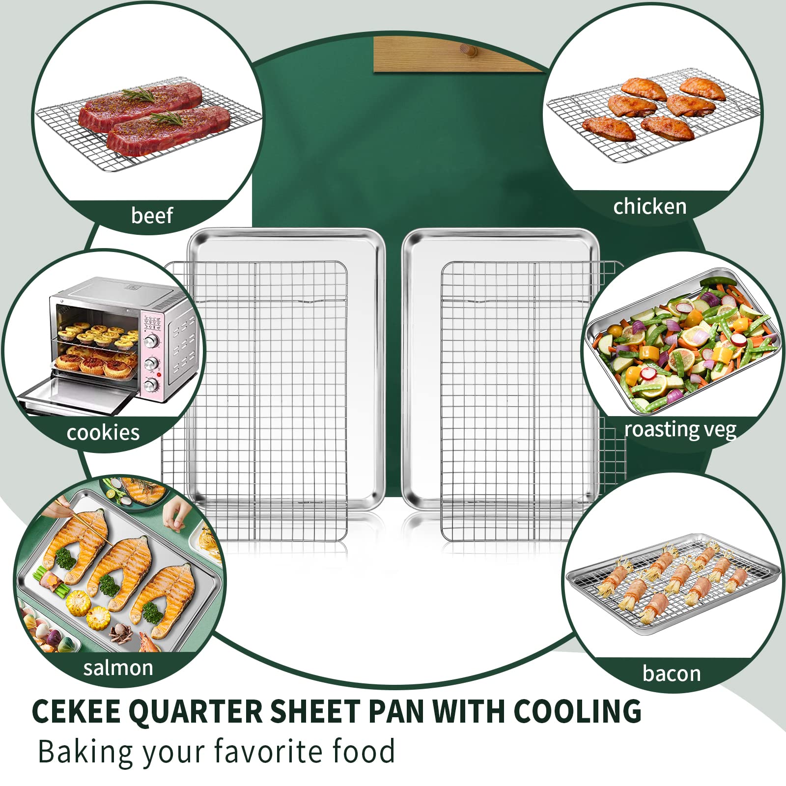 Quarter Sheet Pan With Cooling Rack Set [2 Baking Sheets + 2 Baking Racks], Cekee Stainless Steel Cookie Sheets For Baking And W