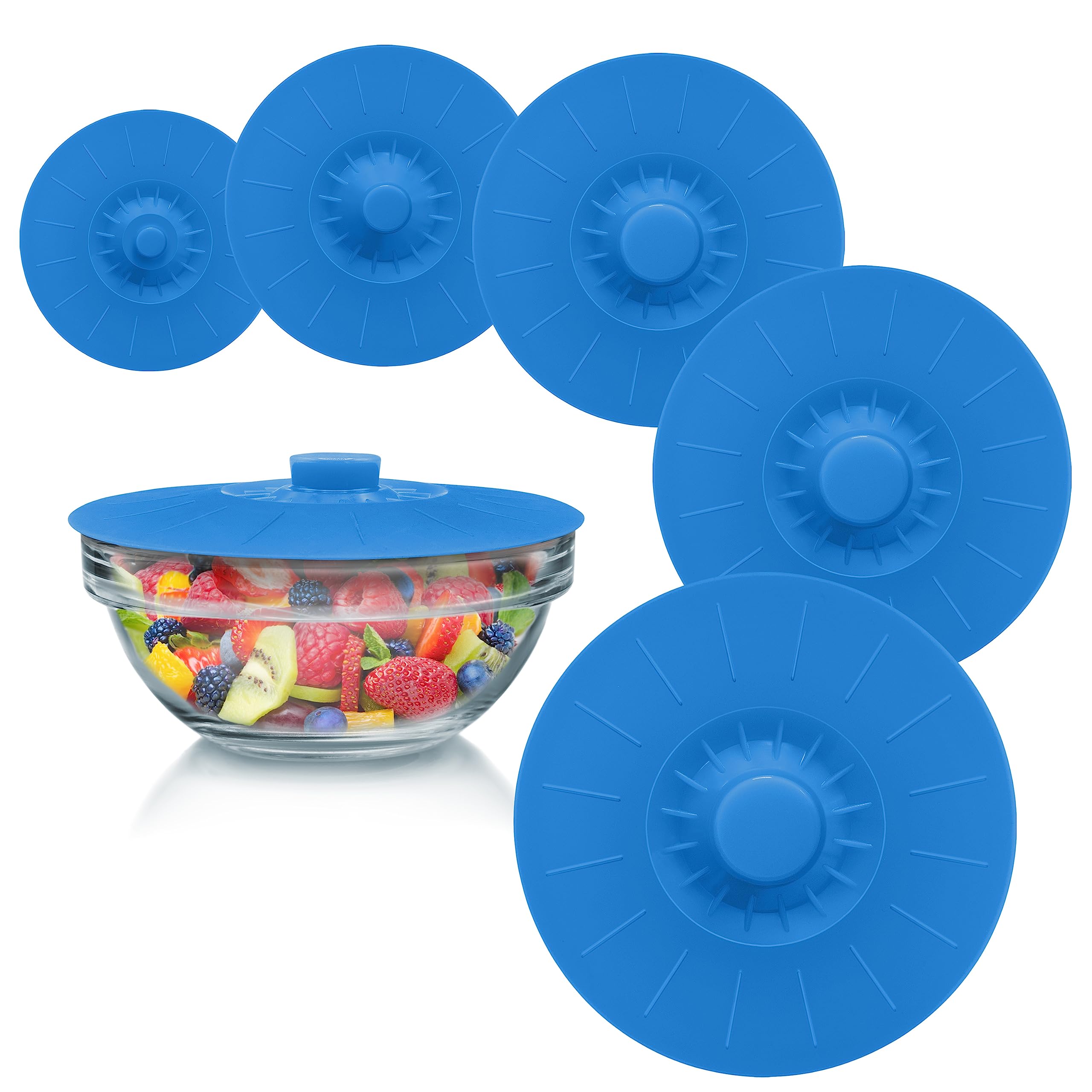 Silicone Bowl Lids Blue Set Of 5 Reusable Suction Seal Covers For Bowls, Pots, Cups. Food Safe. Natural Grip, Interlocking Handl