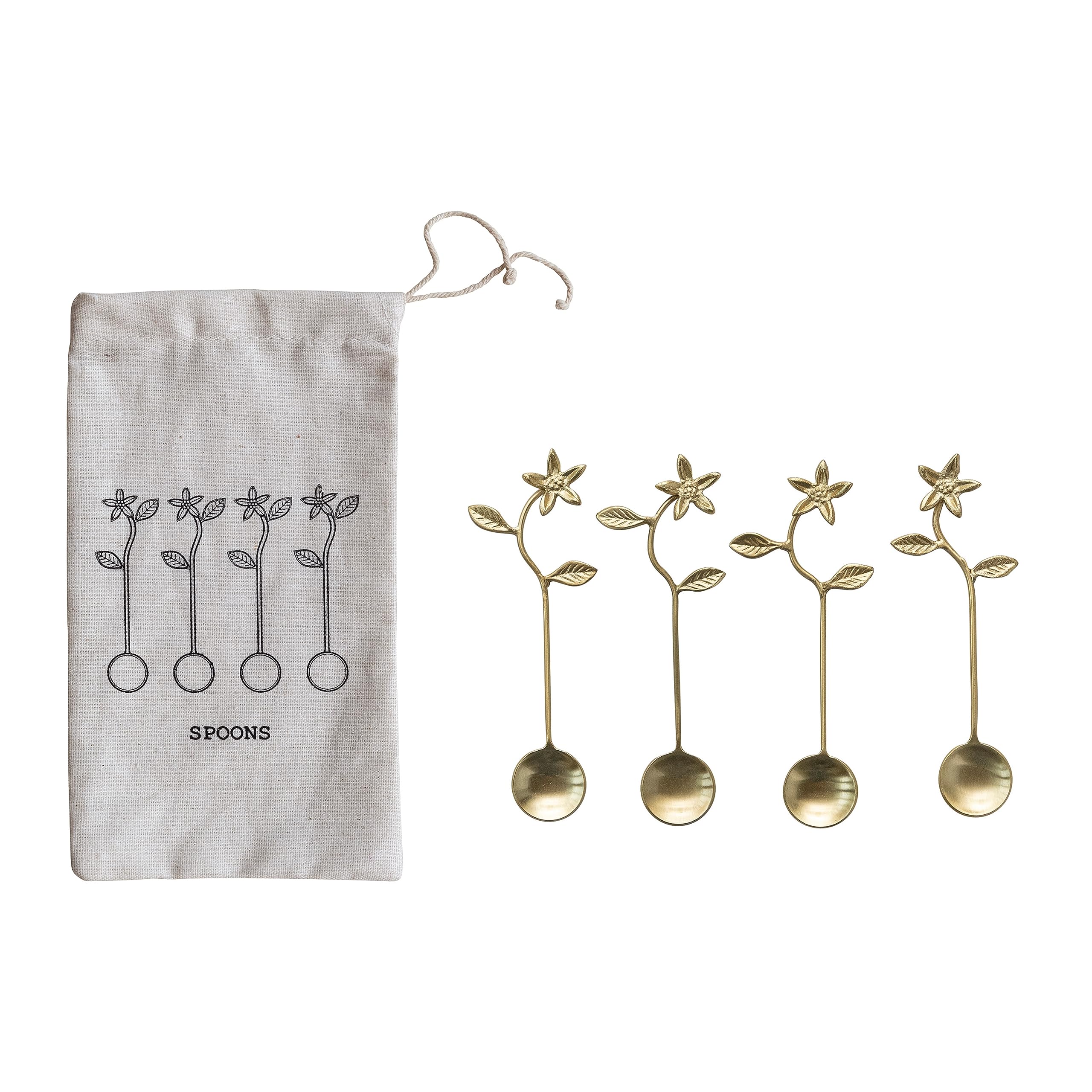 Creative Co-Op 5.35 Stainless Steel And Brass Kitchen With Flower Handles And Drawstring Bag, Gold Finish, Set Of 4 Spoon