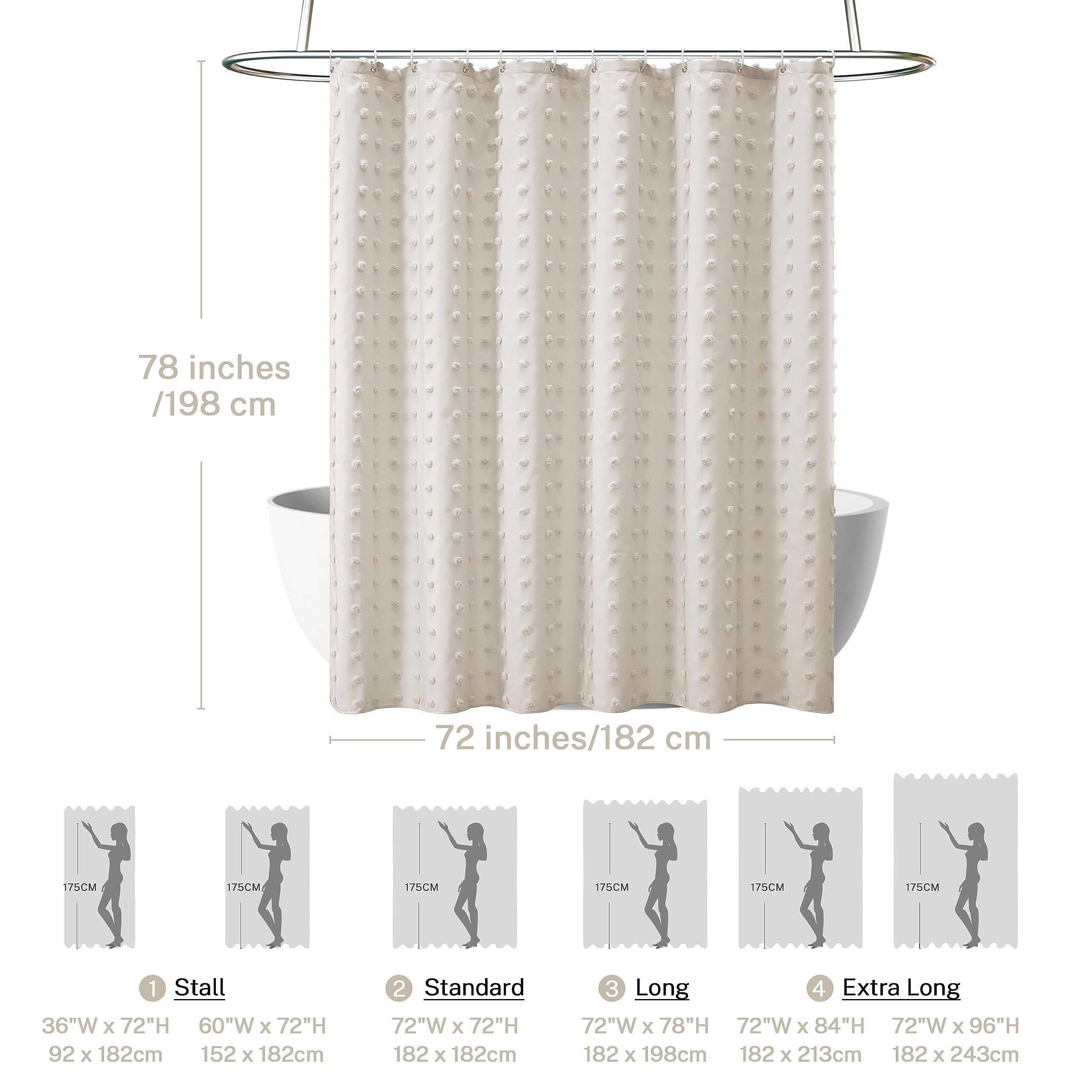 Extra Long Boho Farmhouse Shower Curtain Beige Woven Fabric Cute Shower Curtain, 72 X 78 Tufted Pleat Floral Puffs Textured Mode