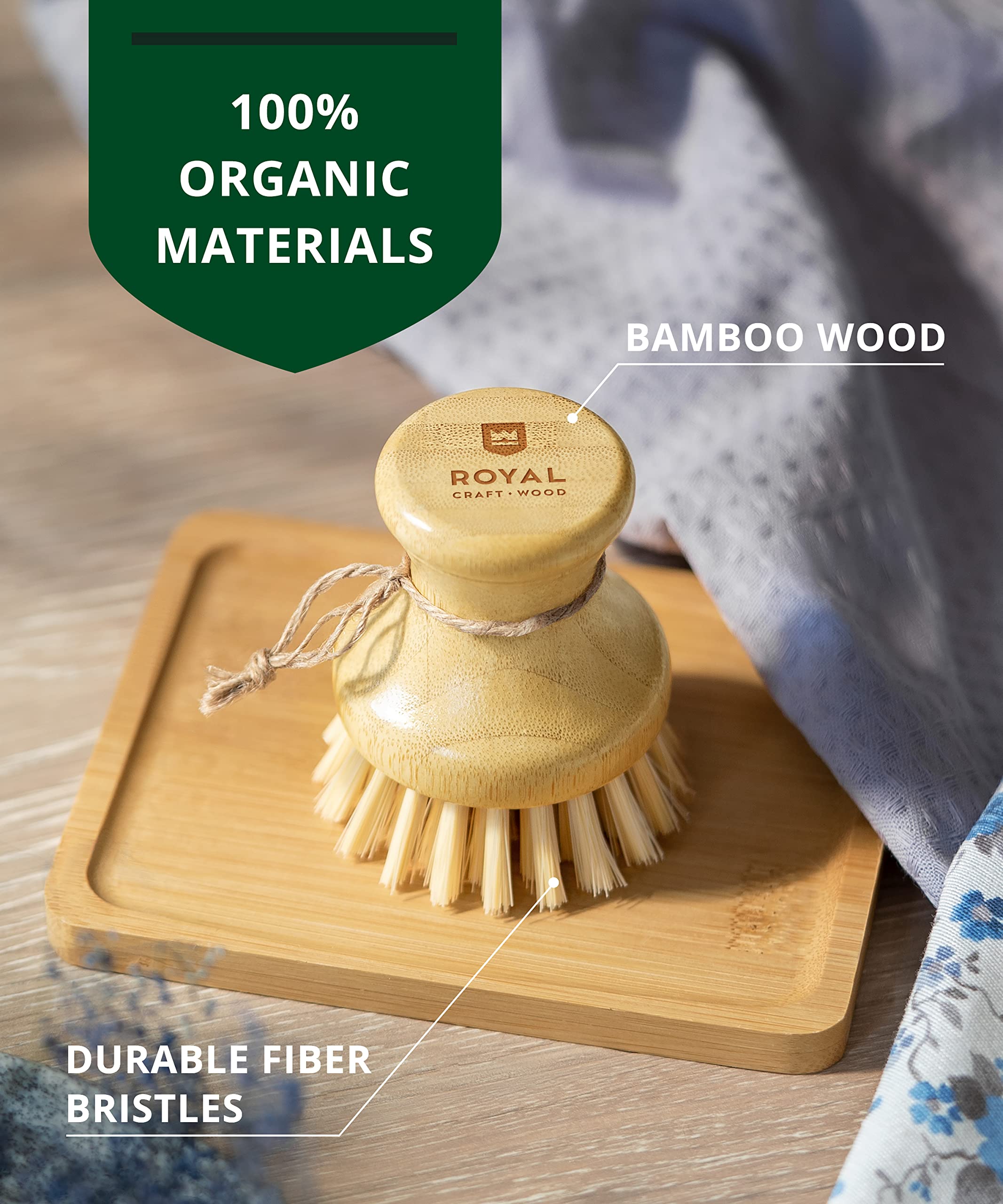 Royal Craft Wood Bamboo Dish Scrub Brush W/Handle - Wooden Washing Dish Brush Scrubber For Kitchen - Filrm Bristles Brush With H