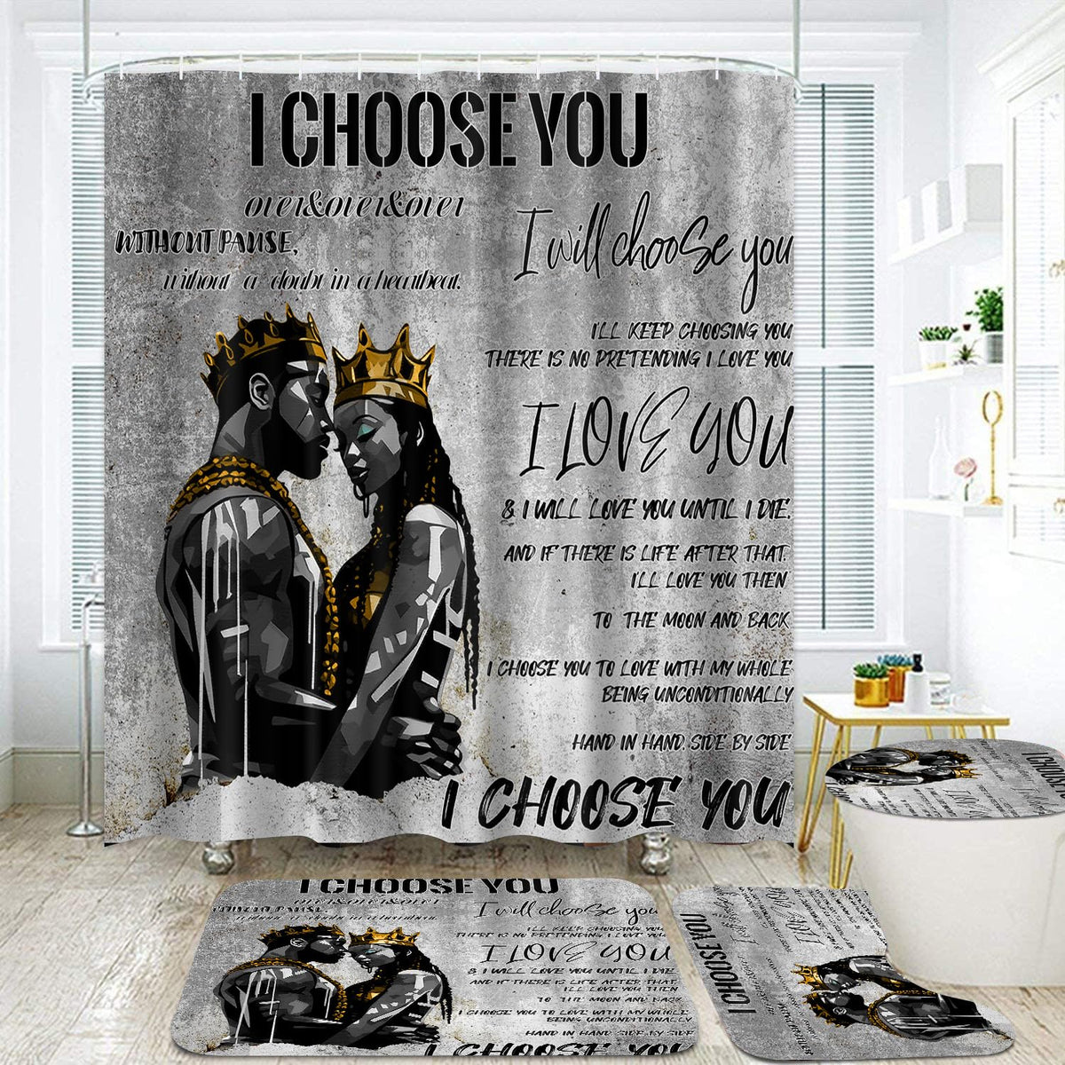 Omebero Romantic Black Couples Bathroom Sets With Shower Curtain And Rugs Toilet Lid Cover Bath Mat, Full In Love Black Man Wome