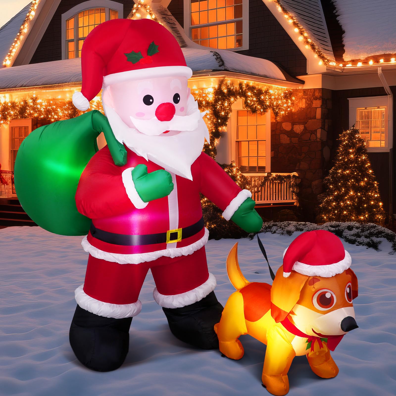 Leyndo 6 FT Christmas Inflatable Santa Claus Outdoor with a Gift Bag and a Dog Blow Up Decoration with LED Lights Cute Xmas for 