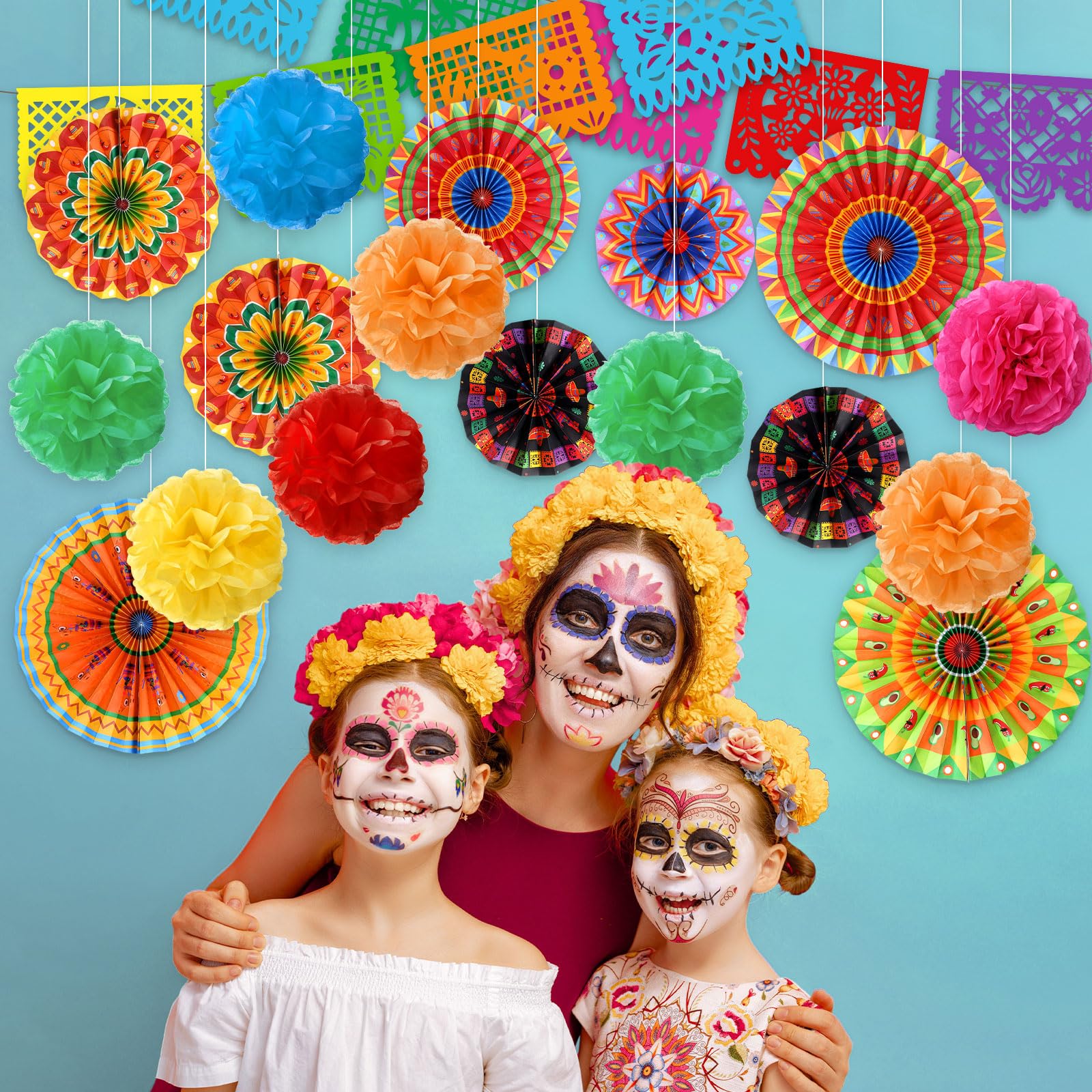 Outus 24 Pcs Mexican Fiesta Party Decorations Cinco De Mayo Decor Halloween Hanging Paper Fans Day of The Dead Banners Taco Tiss