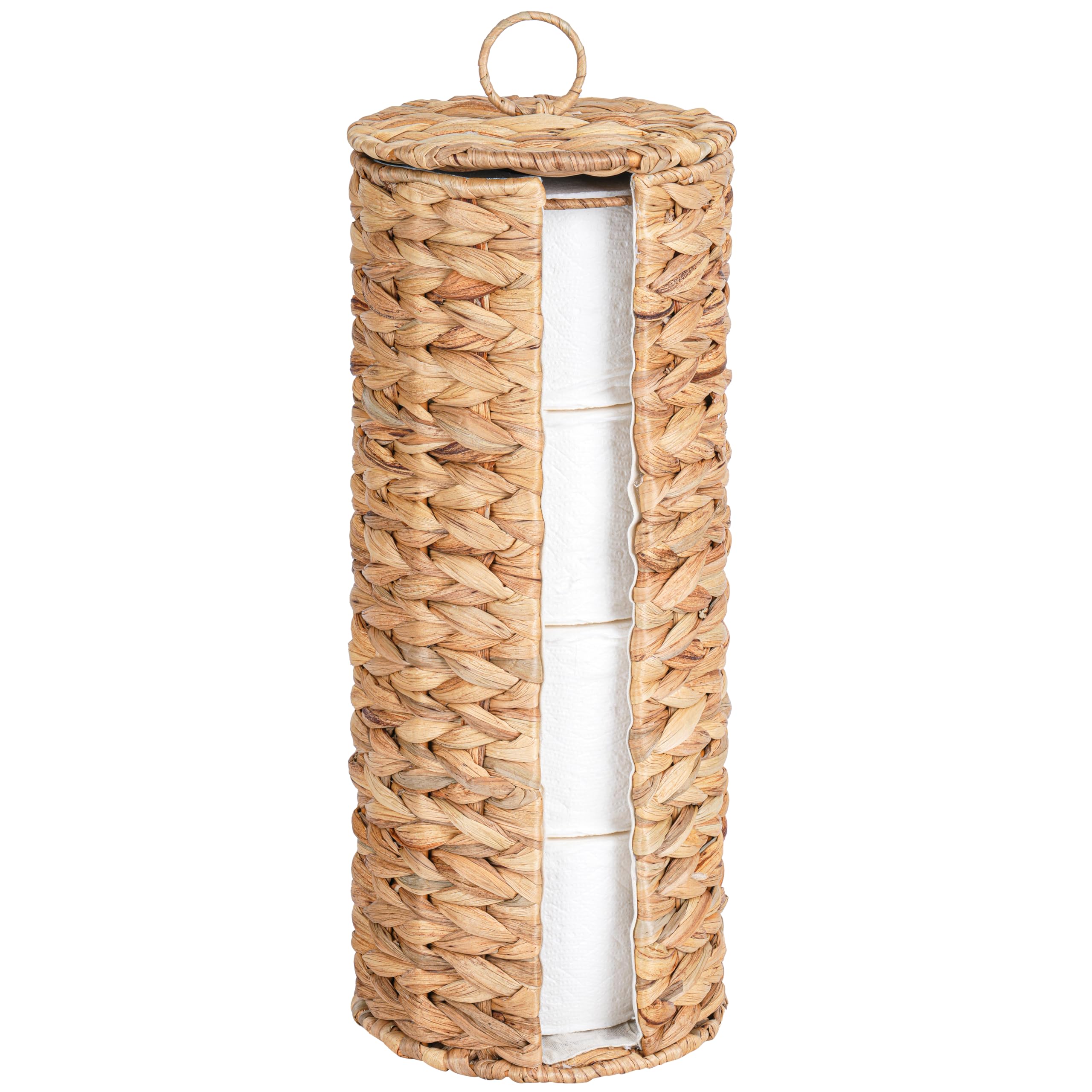 Tadacumir 4 Mega Rolls Extra Toilet Paper Storage with Lid and Liner, Water Hyacinth Ratten Toilet Paper Holder Basket Stand, De