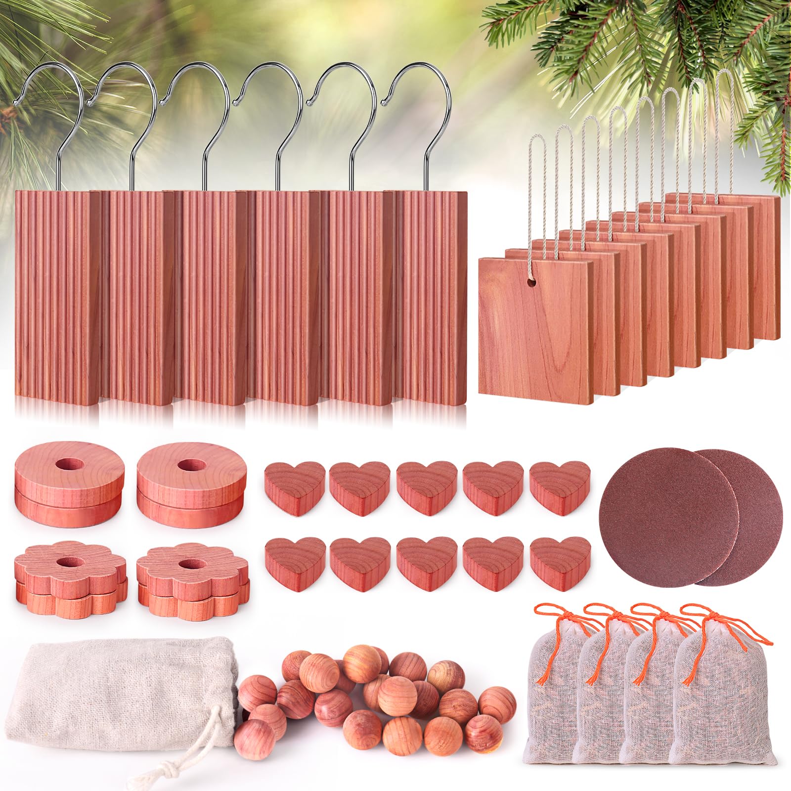 Woodever Cedar Blocks For Clothes Storage 56 Pcs, Cedar Planks With Metal Hooks, Cedar Rings And Balls, Cedar Scented Sachets, F