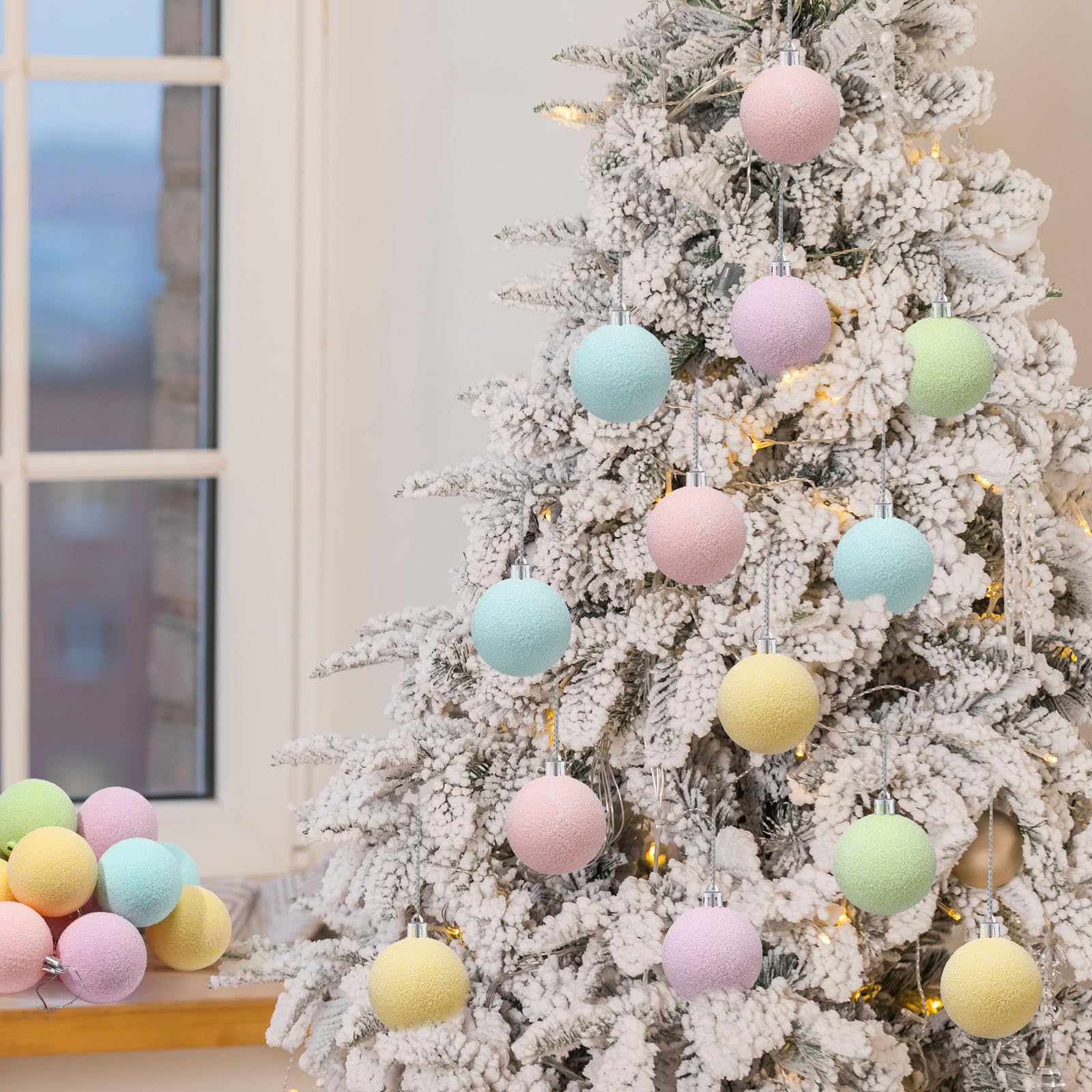 Gejoy 30 Pcs Flocked Velvet Christmas Tree Ball Ornaments 2.36'' Frosted Pastel Candy Christmas Decor Shatterproof Macaron Xmas