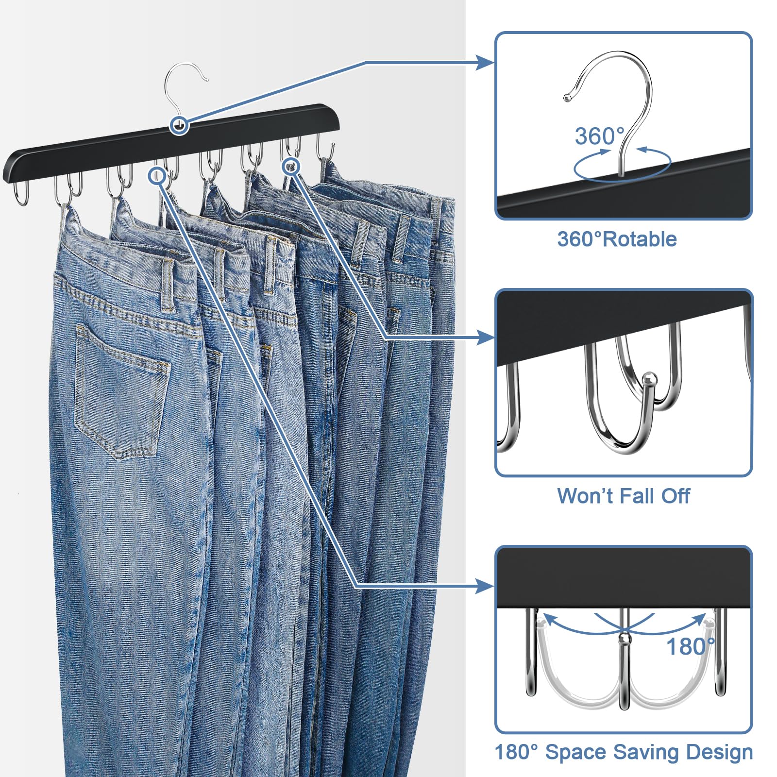KAQUBE Wood Jean Hangers, 180° Rotating Hooks, Space Saving, 2 Pack, Black