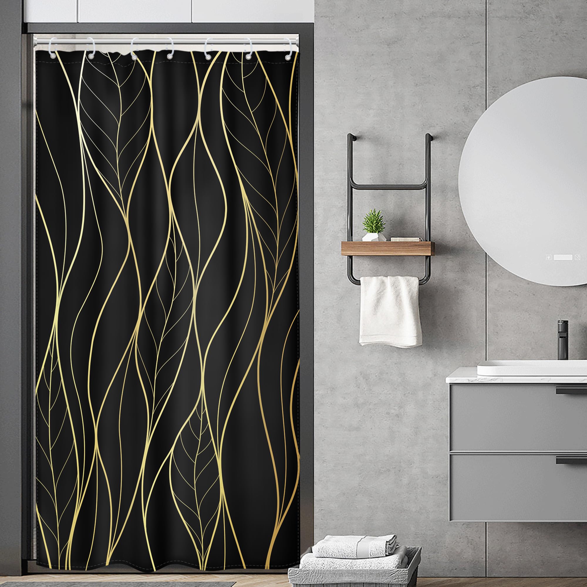 Riyidecor Small Stall Rv Black Gold Leaves Shower Curtain Half Single Boho Abstract Striped Leaf Geometric Modern Simple Cool 36