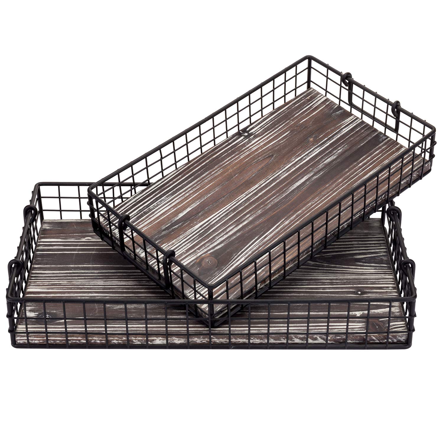 Mygift Black Metal Large Serving Tray, Wire Basket Style Nesting Ottoman Trays With Torched Wood Base And Handles, Set Of 2