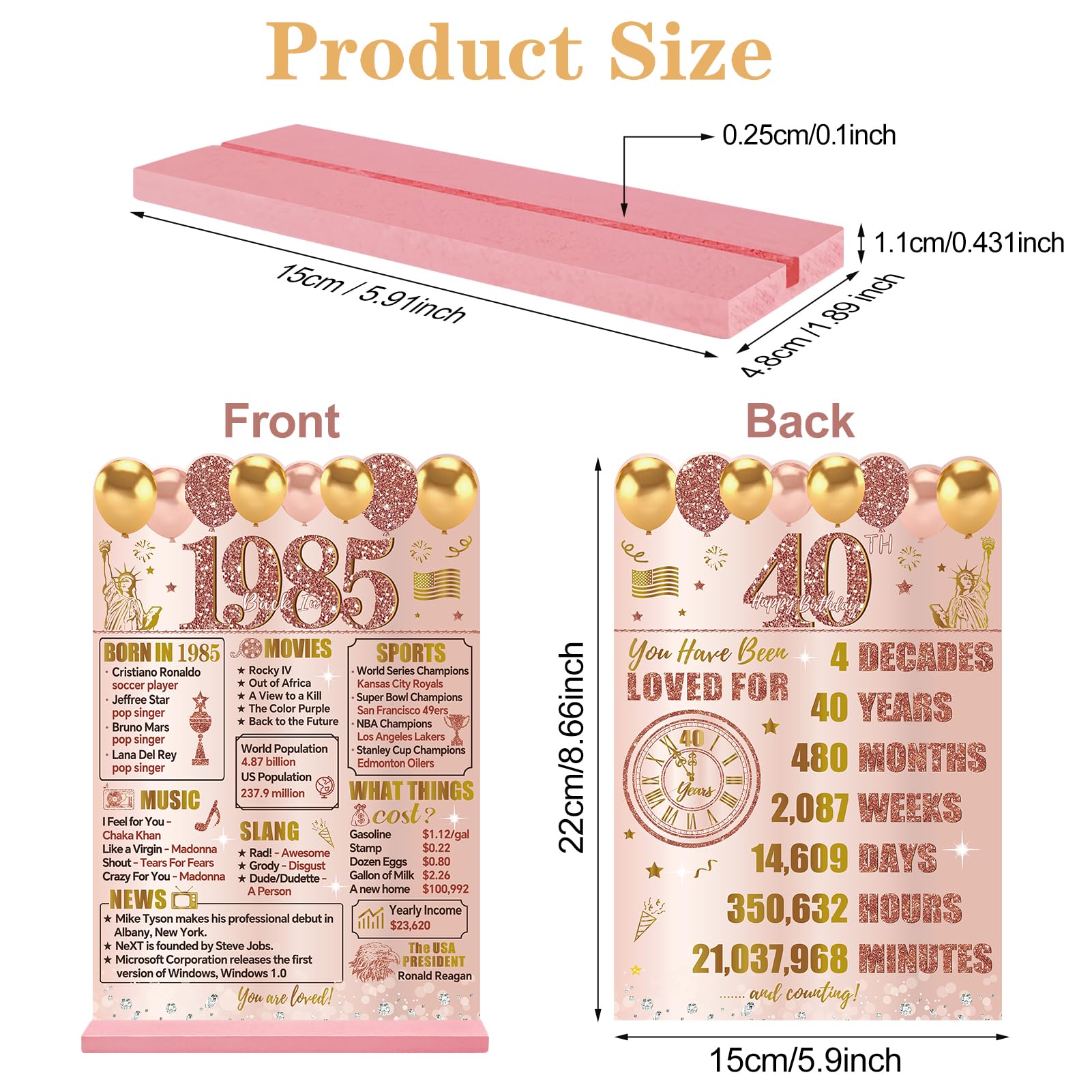 Guiruiy Pink Rose Gold 40th Birthday Decorations for Women, Two-Sided Vintage 40 Back in 1985 Theme Poster Wooden Table Sign wit