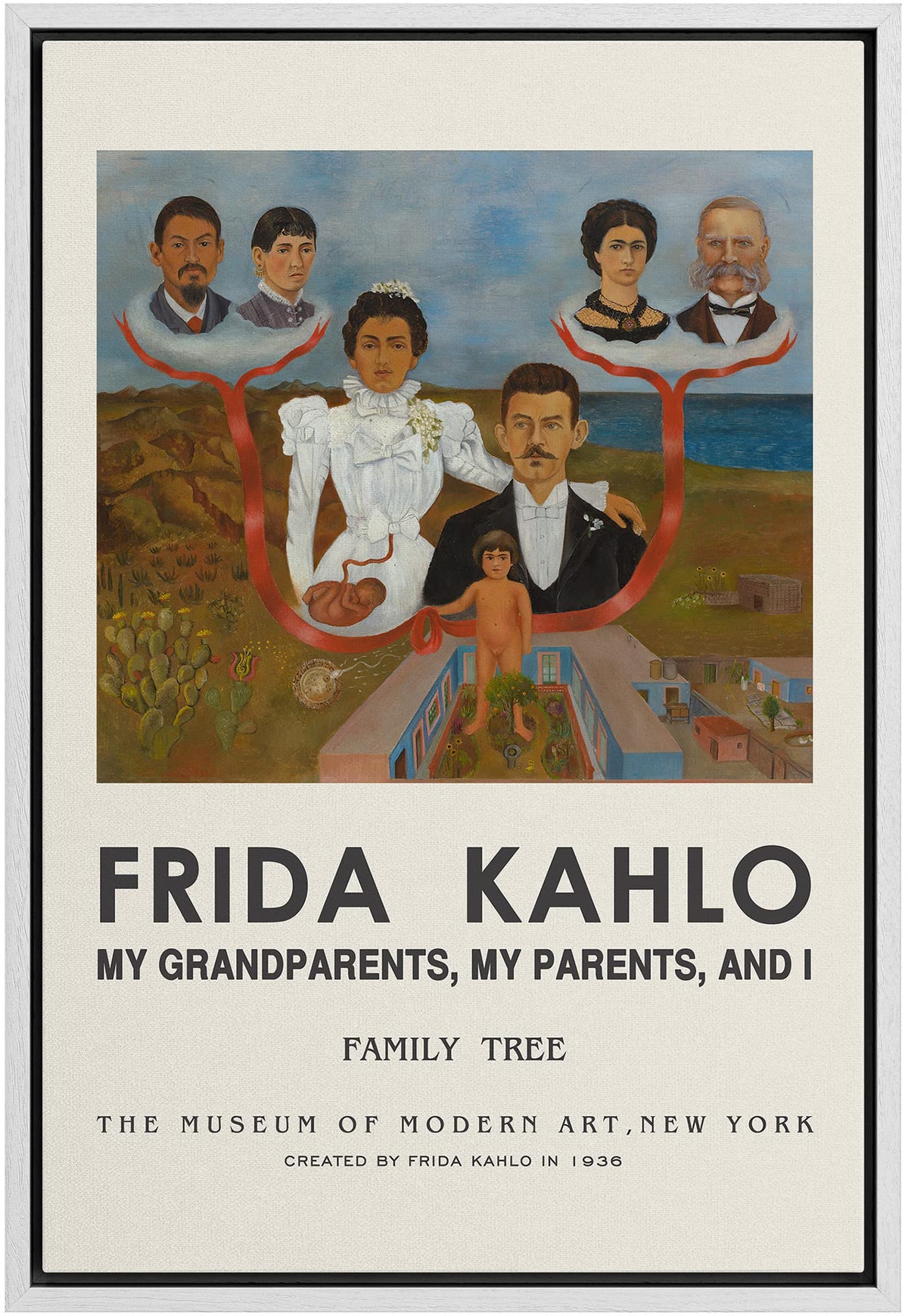 Idea4Wall Framed Canvas Print Wall Art My Grandparents, Parents & I By Frida Kahlo Historic Cultural Illustrations Fine Art Trad