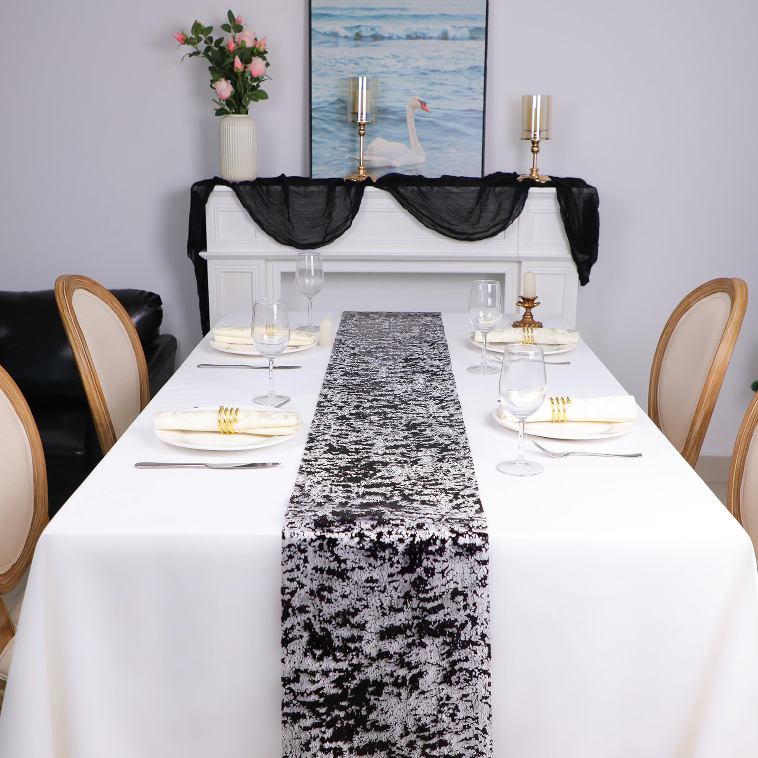 Snowkingdom 2 Pieces Black Table Runner, Sequin Glitter Foil Metallic Mesh Table Runner Roll 11''X108'' Black Table Decorations