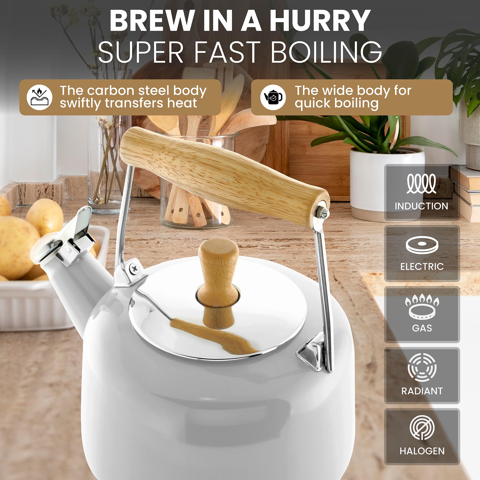 Chantal Sven Enamel On Steel Whistling Teakettle With Natural Wood Handle, 1.4 Quarts (White)