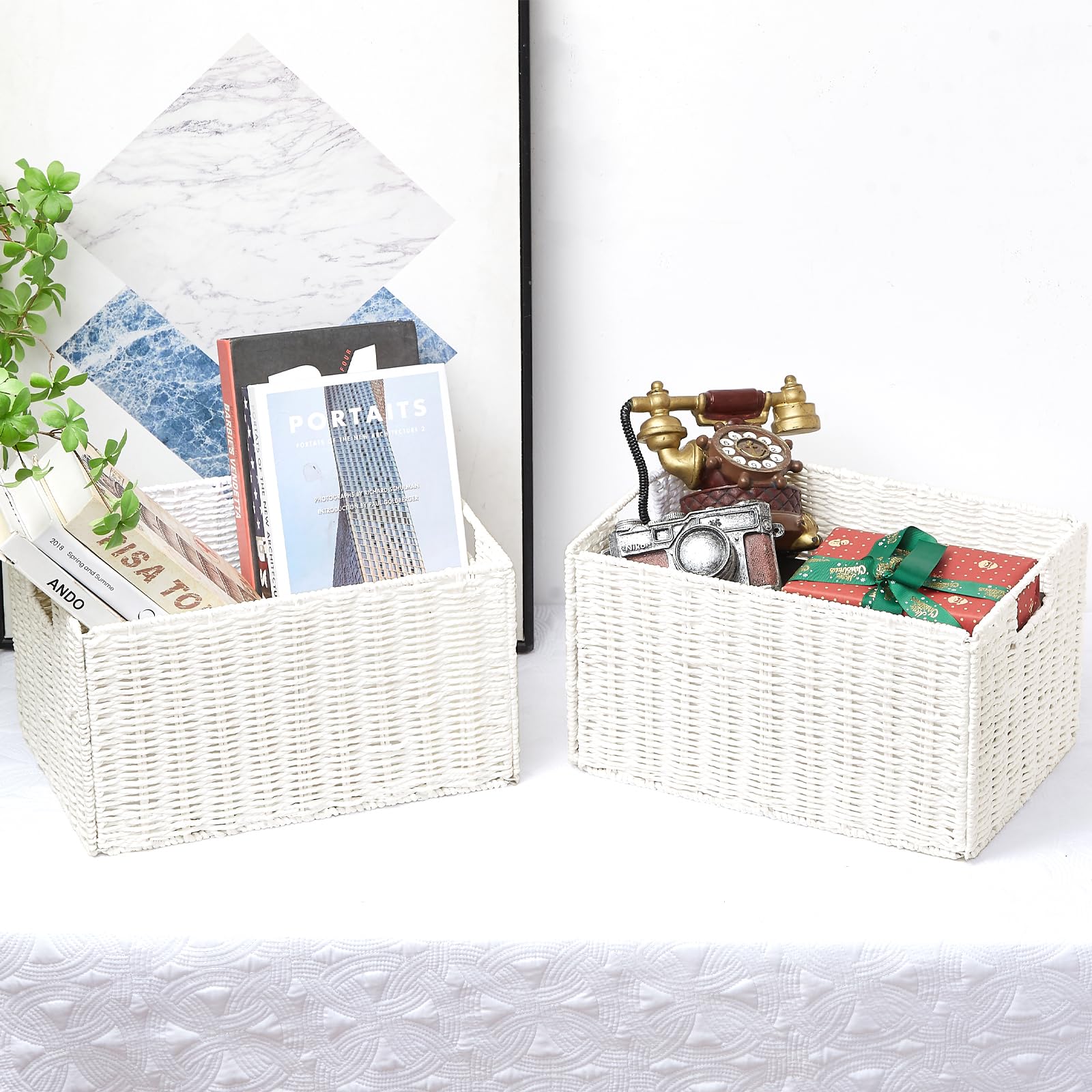 Vagusicc Jumbo Wicker Basket, Set Of 2 Woven Paper Rope Storage Baskets For Organizing, Foldable Rectangular Storage Baskets Bin